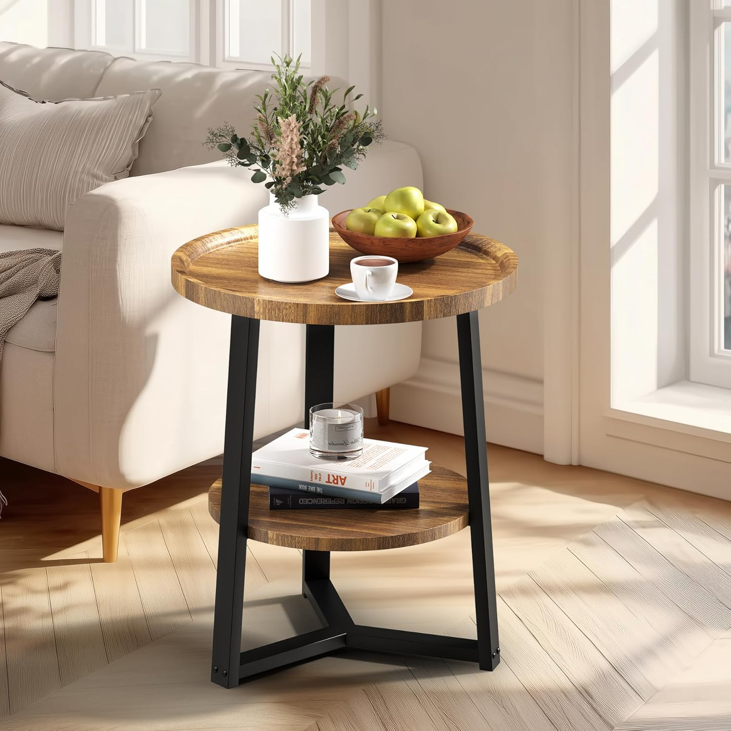 PATIOPIA 2 Tier Side Table, round End Table with Storage Shelf, 19.7" D X 23.6" H Rustic Accent Table for Living Room Small Space,Golden Metal Frame