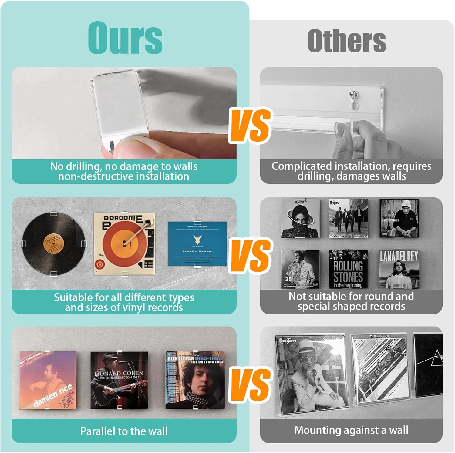 Huakaile 12 Pieces Acrylic Vinyl Record Wall Mount with Adhesive Tape, No Screw Record Display Shelf Storage Hangers, Clear Music Album Covers Holder for Home Living Room Office Decoration image number 3