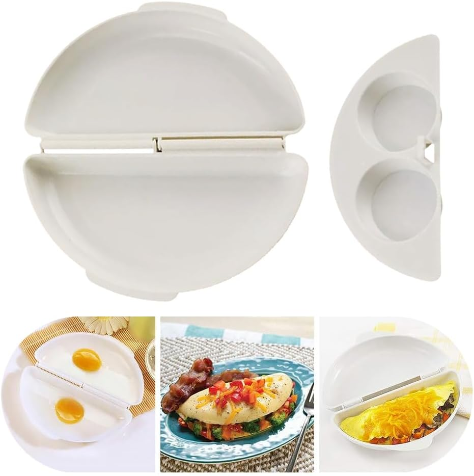 Easy Egg Breakfast Set,Microwaveable Microwave Omelet Pan and 2 Cavity Egg Poacher Set BPA Free Plastic Quick Egg Maker (White) image number 2
