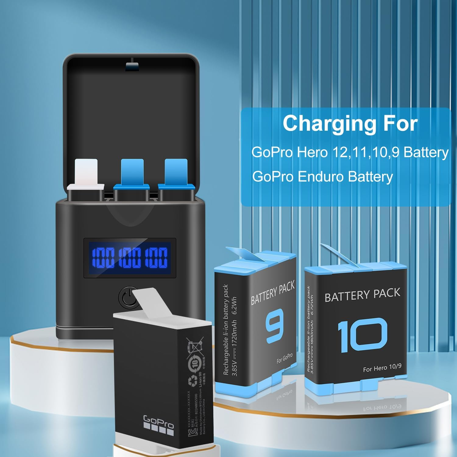 Suptig Battery Charger Compatible for Gopro Hero 12, Hero 11, Hero 10, Hero 9, 3-Channel Battery Charger Station image number 1