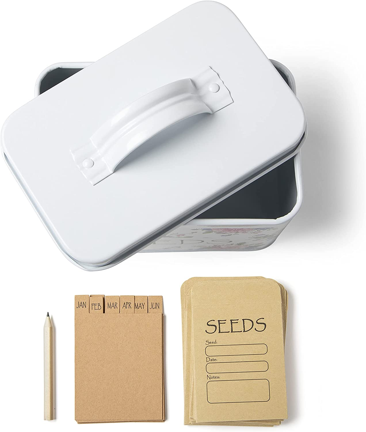 Katai Seed Storage Box &ndash; Durable Metal Seed Organizer Storage Box for Gardeners, Complete Seed Packet Storage Box with Lid, Monthly Dividers, 20 Envelopes & Pencil, Compact Seed Saver, Floral image number 1