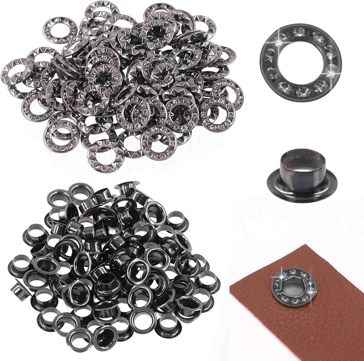 Rustark 100Pcs Gold 1/4 Inch Rhinestone Eyelet Grommet Eyelets and Grommets with Sparkling Design Metal Eyelet with Washer Hole Punch Shiny Rhinestone Boot Eyelet for Clothing Crafts DIY Projects