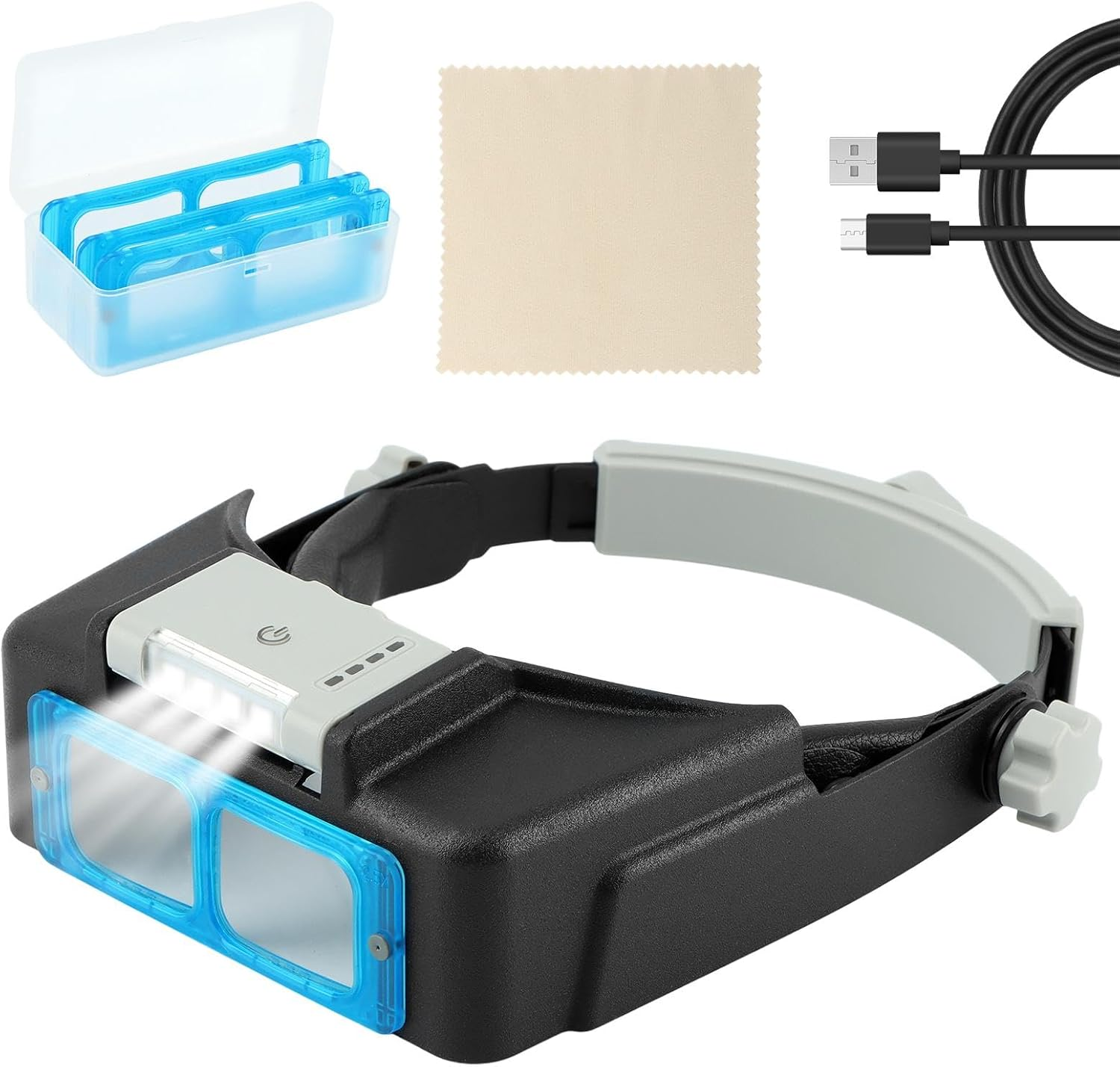 4 Lens Rechargeable Head-Mounted Magnifier with LED Light, Headband Magnifier, Rechareable 1.5X - 3.5X Optical Magnifying Headset for Close Work(Black,Size:6.2 X 2.6Inch) image number 2