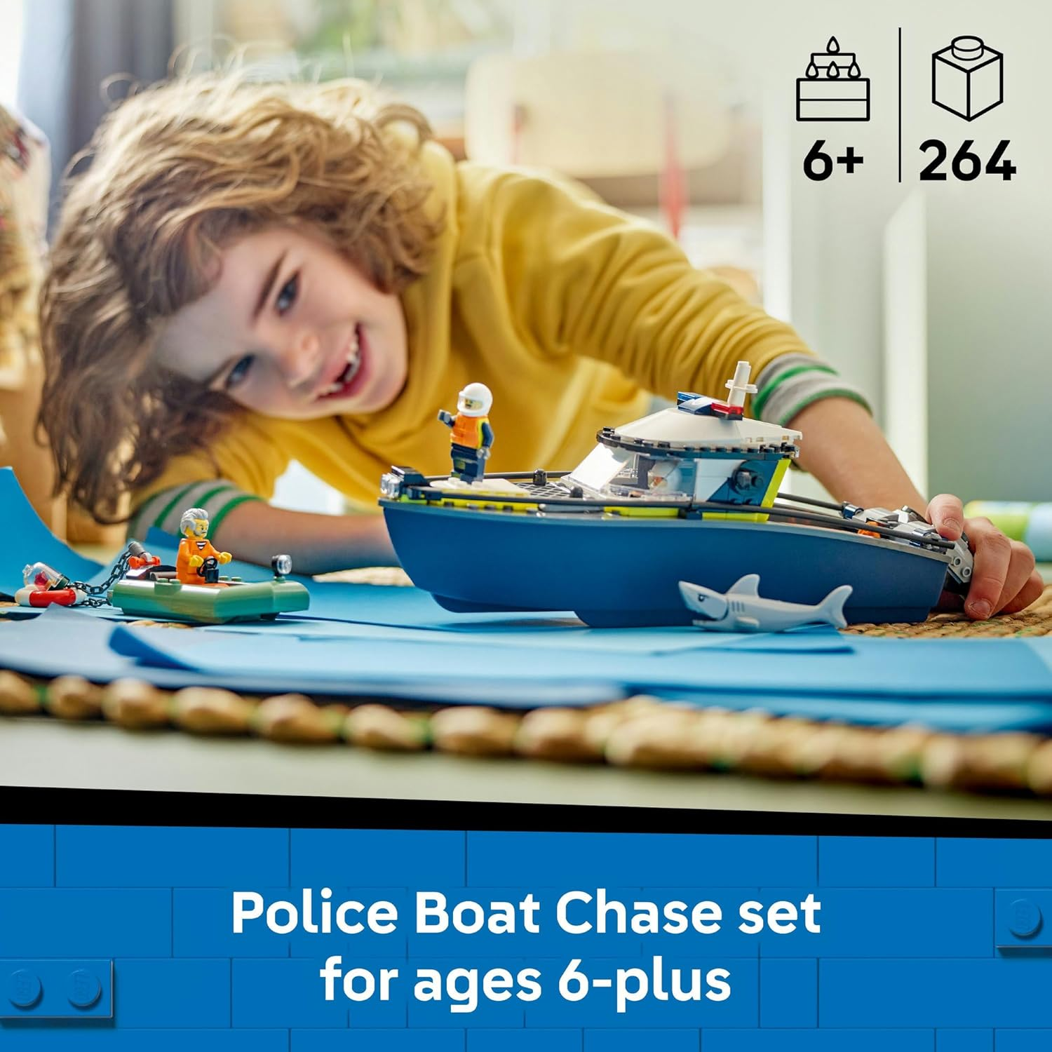 LEGO&reg; City Police Boat Chase 60456 Toy Building Set, Floatable Speedboat and Crook&rsquo;S Dinghy, Toy Idea for Everyday Heroes Aged 6 and Up, 1 Crook and 2 Police Officer Minifigures, plus a Shark Figure image number 2