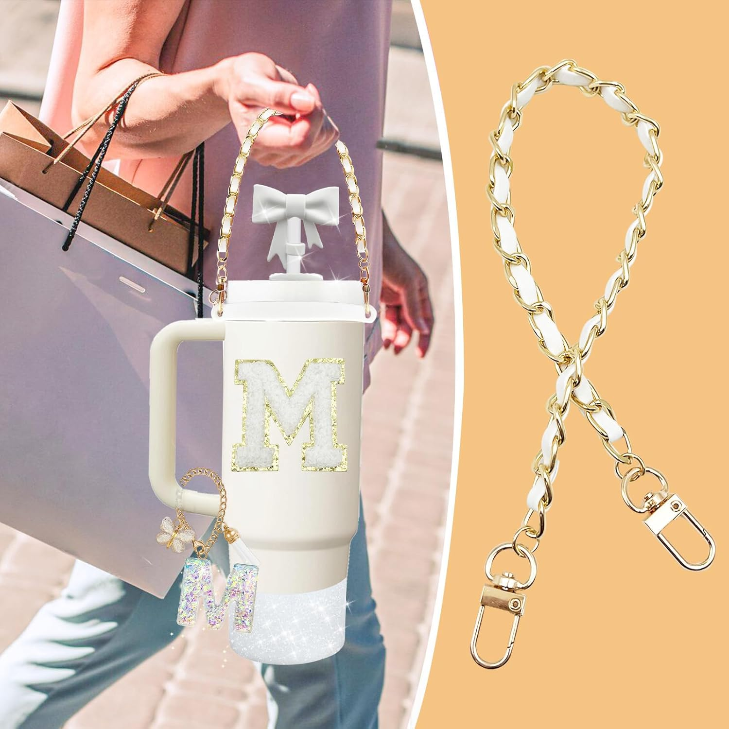 8PCS Stanley Cup Accessories Set for Stanley Cup 30Oz 40Oz Tumbler with Handle,Including Straw Topper Cover Cap and Boot,Spill Proof Stopper,Handle Charm,Initials Sticker (White M) image number 4