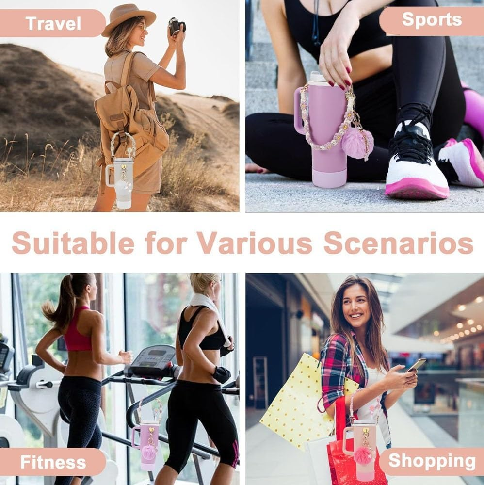 Stanley Cup Accessories Set, Siliocne Stanley Cup Boot, Stanley Charms Silicone Reusable Cup Accessories Includes Siliocne Cup Boot Straw Cover Pompom Ball Daisy Key Chain Heart Hook (Purple) - White image number 6