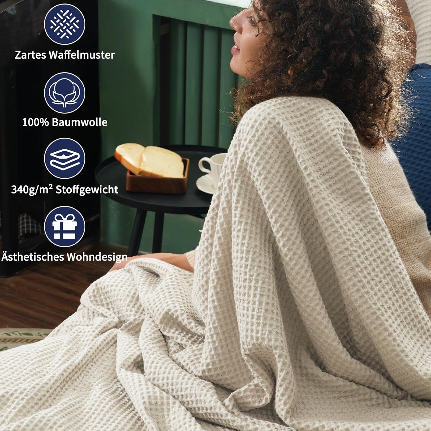 PHF 100% Cotton Waffle Blanket, Cuddly Blanket, 220 X 240 Cm, Lightweight and Breathable, Perfect for Summer, Oeko-Tex&reg; Certified, Hotel Linen Quality, Ideal for Sofa, Couch, Bed, Linen image number 5