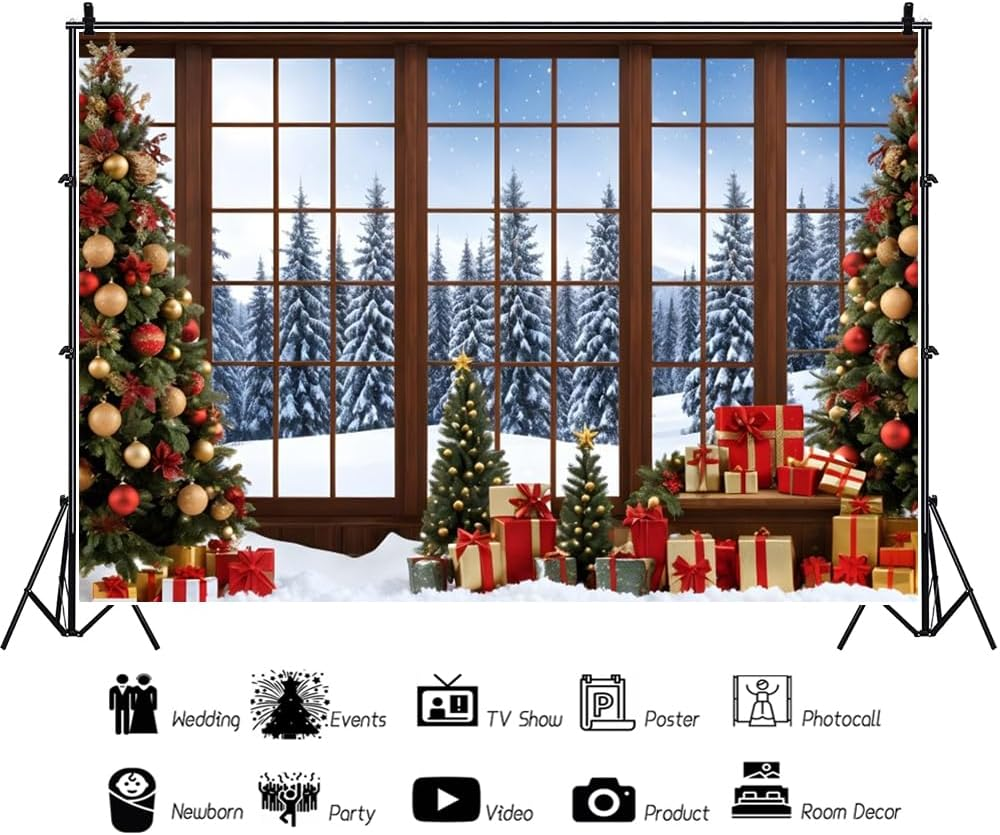7&times;5Ft Winter Christmas Window Backdrop for Photography Merry Xmas Pine Tree Indoor Background Snow Holiday Photobooth New Year Party Decorations Photo Studio Props Supplies image number 4