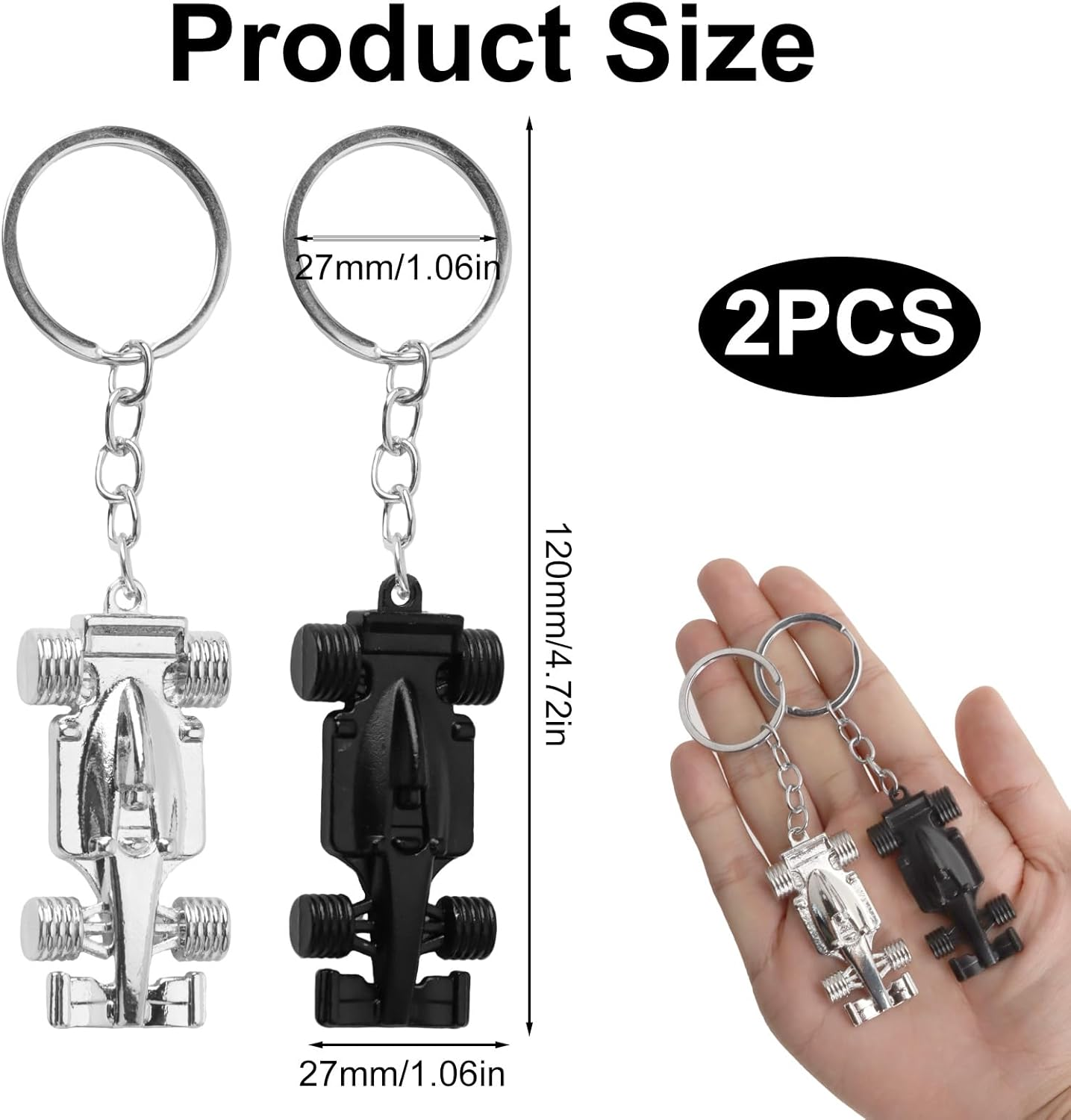 2 Pcs Silver Black Racing Car Keyring Set F1 Key Chains Present for Men Dad Motorsport Fans Fathers Day Birthday Present Durable Metal Key Ring Accessories