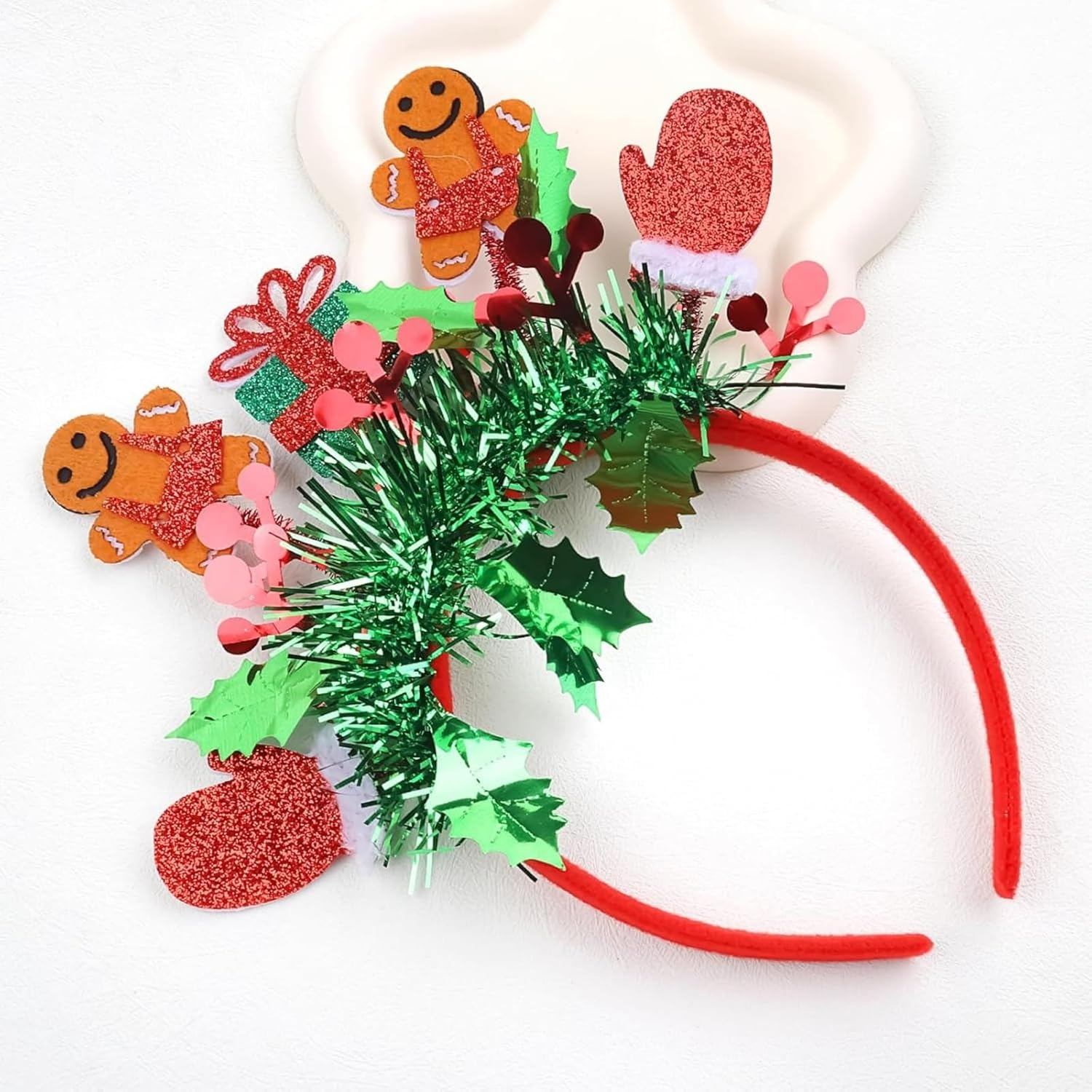 Itadaku Christmas Headband, Funny Gingerbread Man Hairband with Glitter Green Tassels, Festive Head Bopper for Women & Girls, Holiday Party Headdress Accessory image number 4