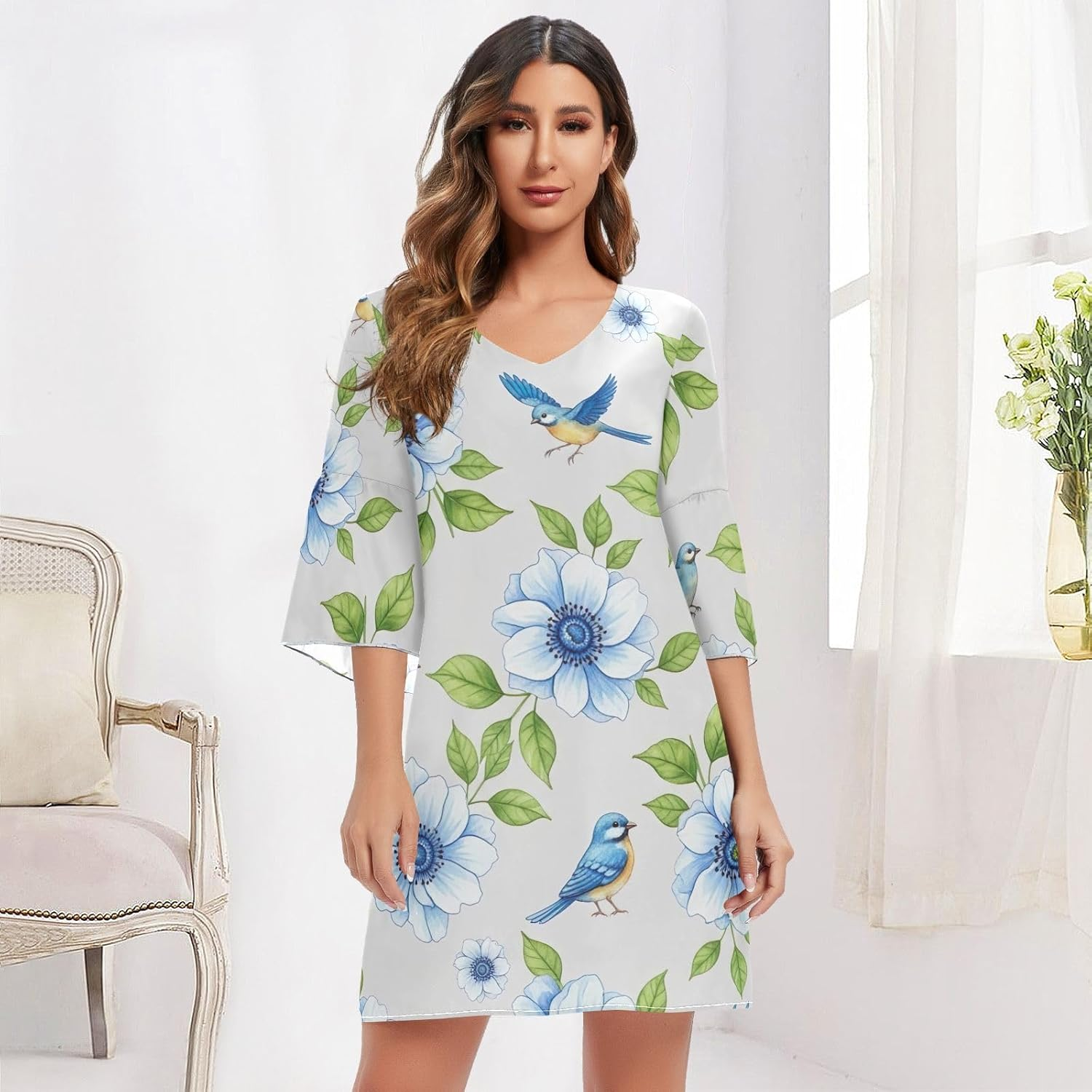 Flowers Leaves Birds Blue Casual Chiffon Dress Printed Line Maternity Dress image number 5