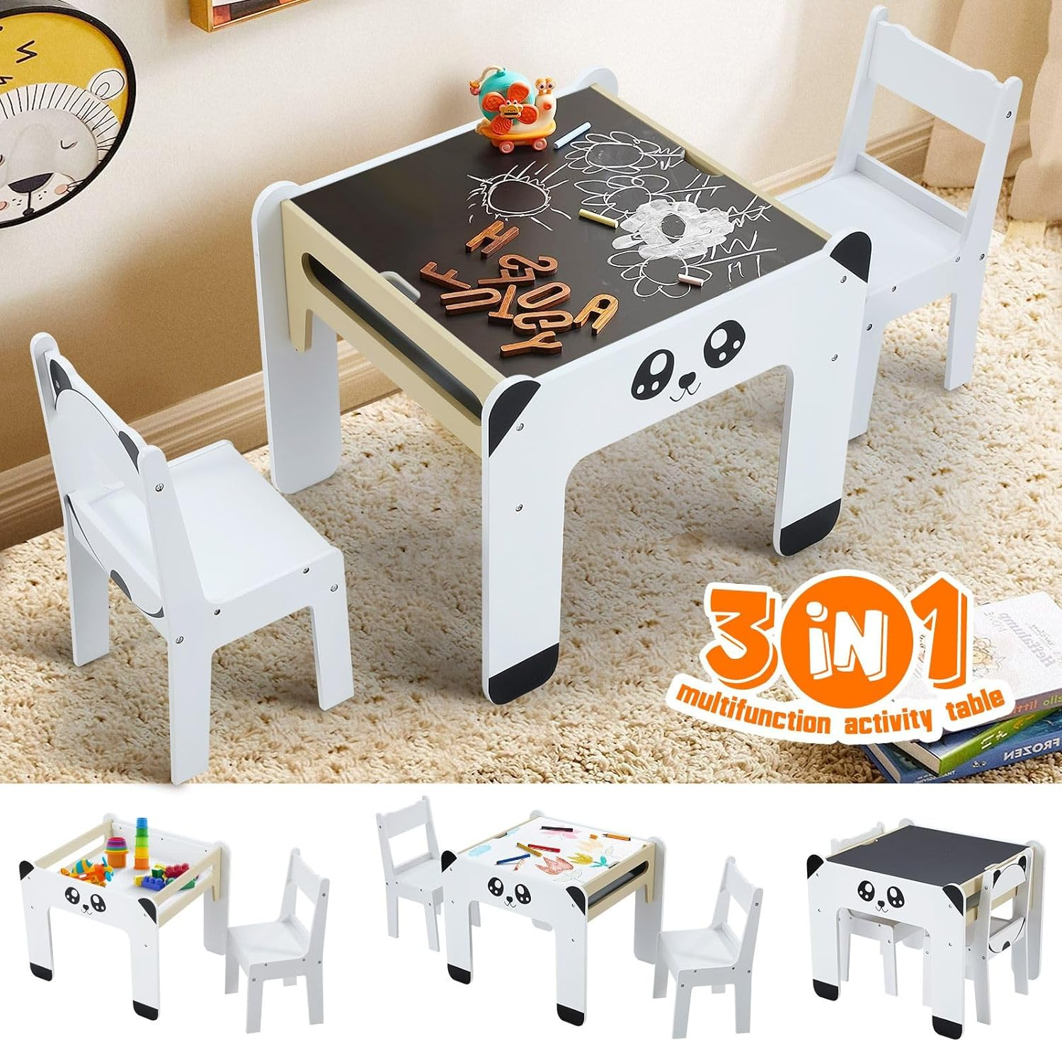 Kidbot Kids Table and 2 Chairs Set Wooden Toddler Desk with Storage Furniture Children Activity Centre for Study Drawing Reading Panda Cartoon Shape image number 3