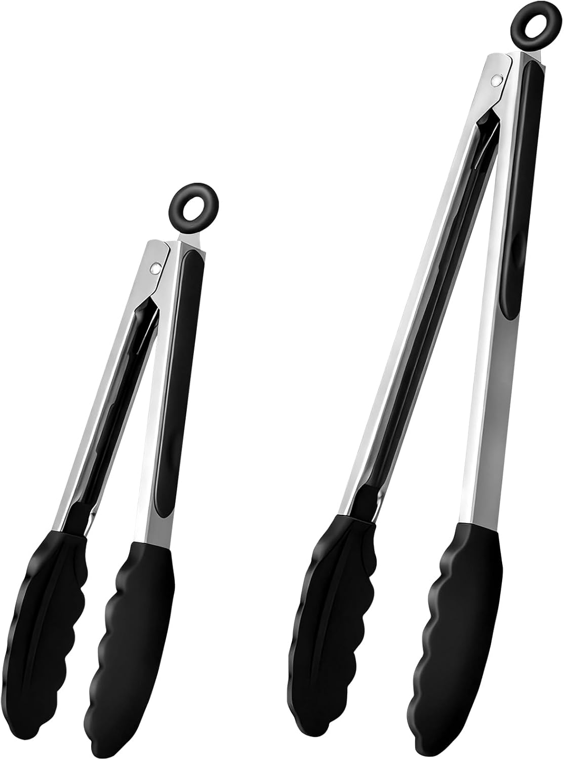 Kitchen Tongs Set of 2, 9-Inch and 12-Inch Stainless Steel Silicone Tongs with Non-Stick Surface, Black and Silver for Kitchen, BBQ, Food, Travel, Kitchen Utensils image number 4