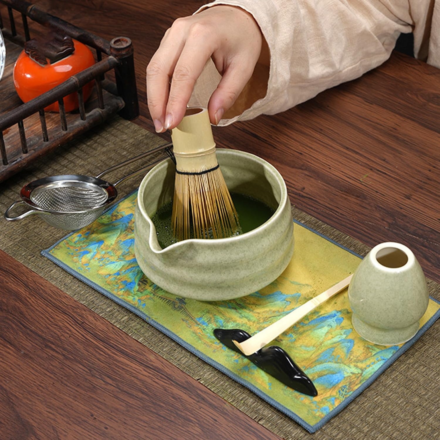 Matcha Set, Japanese Tea Set Includes Matcha Bowl with Spout, Matcha Whisk Holder, Bamboo Matcha Whisk and Sifter Scoop, 17 Oz Mottled Tea Green Glaze Ceramic Matcha Kit for Tea Lovers image number 5