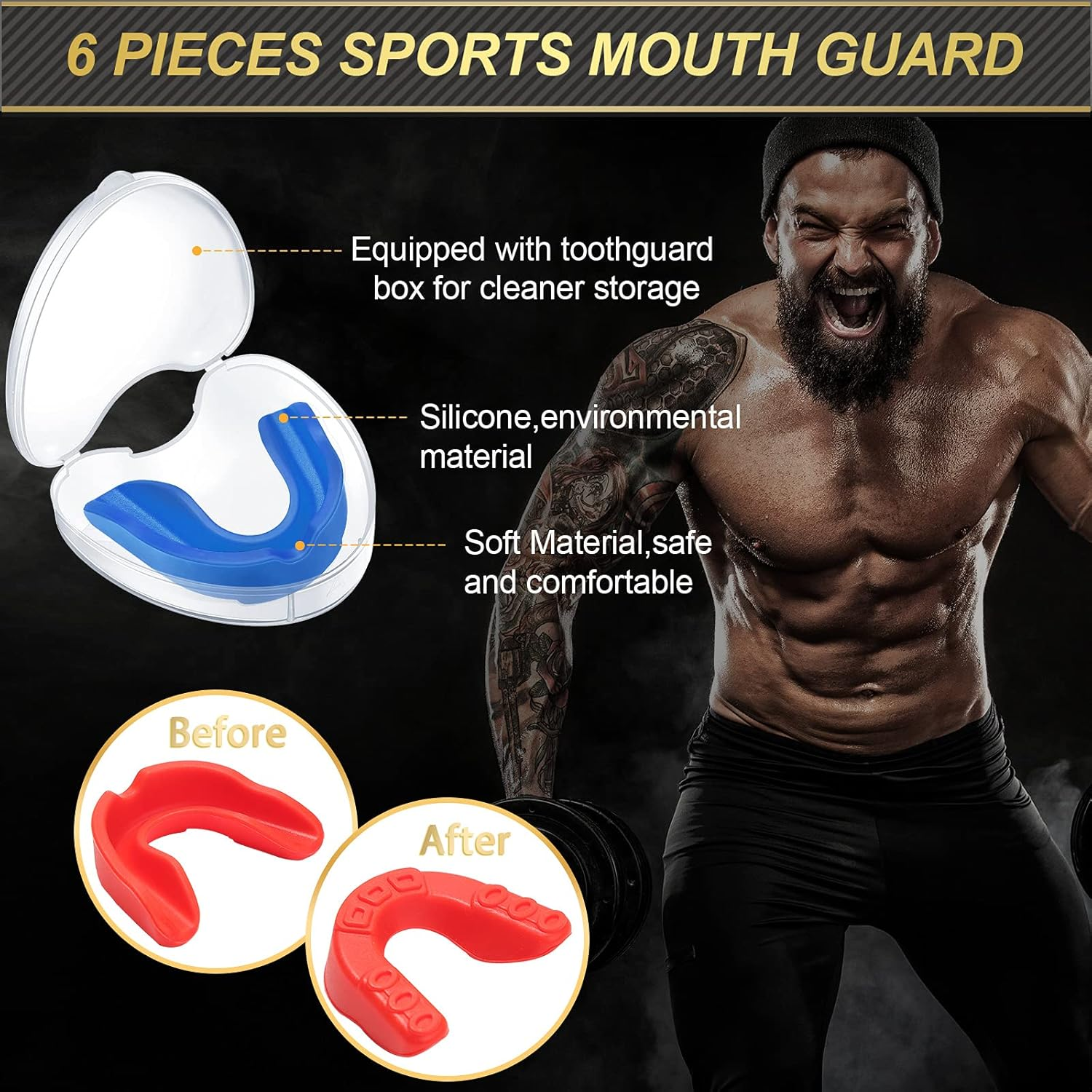 BBTO 6 Pcs Youth Kids Mouth Guard for Sports, Mouthguard Bulk with Case, Boy Girl Athletic Mouth Guard for Football Boxing Hockey Karate Basketball(Classic Style,Red, Blue, White, Black, Yellow, Pink) - Black image number 5