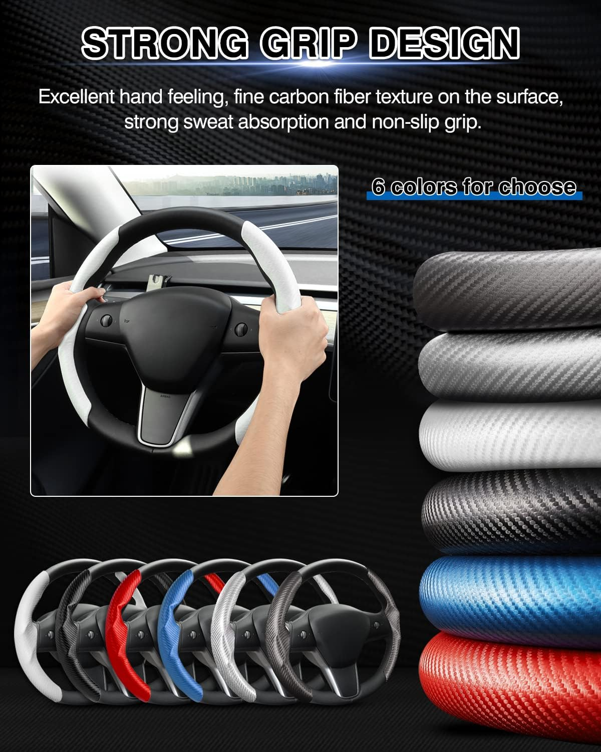 Carbon Fibre Steering Wheel Cover for Tesla Model 3/Y 2016-2025, Anti-Slip, Comfortable Grip, Breathable, White - Red 5Pcs image number 6