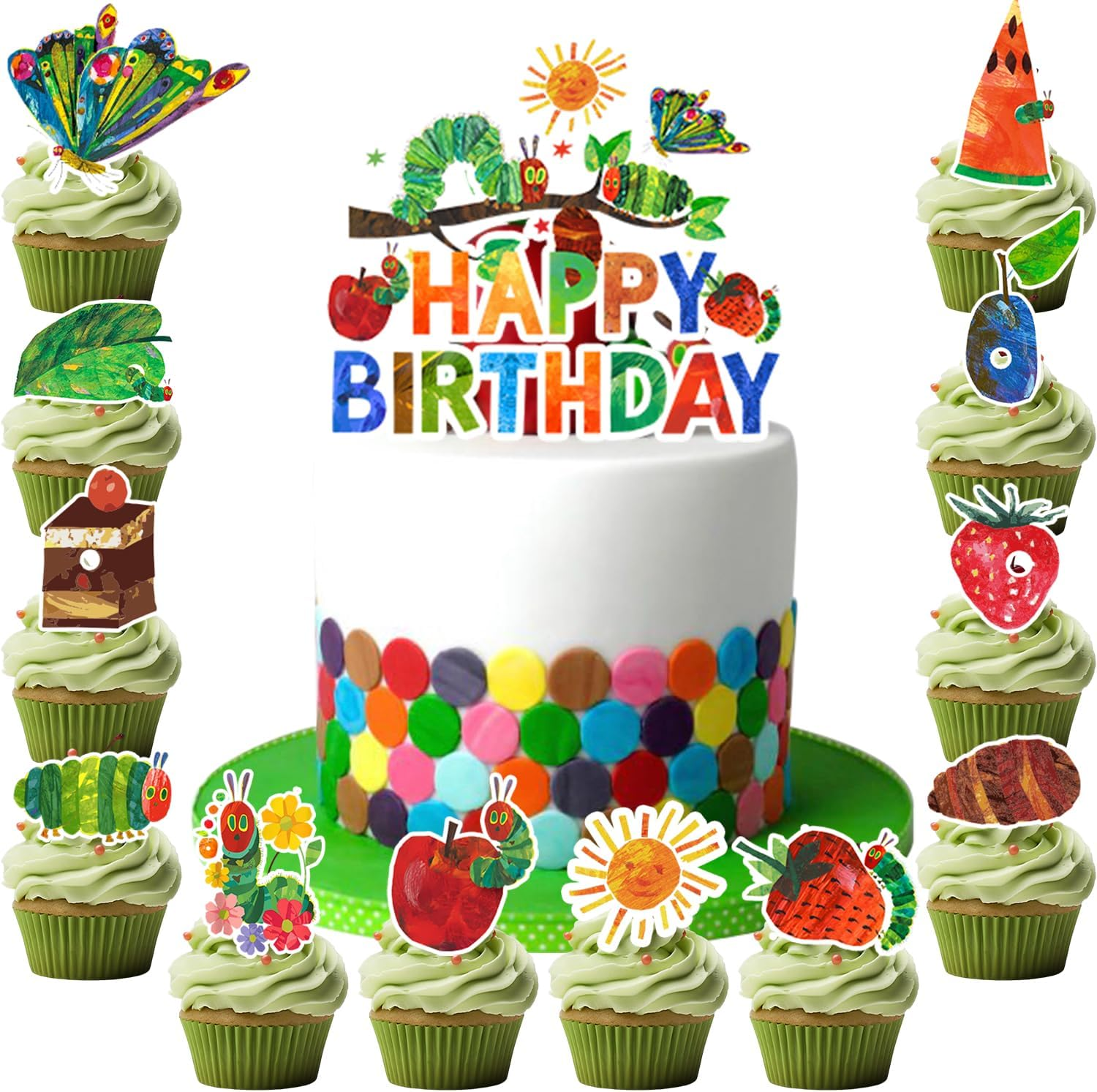 25Pcs Very Hungry Caterpillar Cake Decorations, Hungry Caterpillar Decorations Set Including Caterpillar Cake Topper + Hungry Caterpillar Cupcake Toppers for Kids Baby Shower image number 4