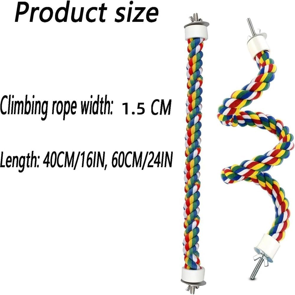 2 Pcs Cotton Rope Bird Perches, 16 & 24 Inch Spiral Perch for Parrots, Cockatiels, Budgie, Parakeets Colorful Comfy Climbing Stand, Bungee Toy for Bird Cage Accessories image number 5