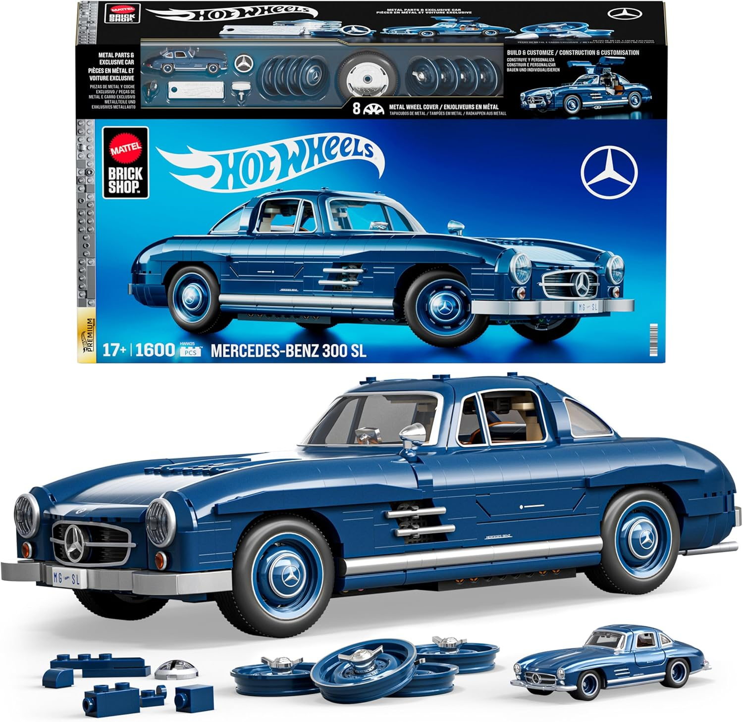 Mattel Brick Shop Hot Wheels Premium Series Building Set, Mercedes-Benz 300 SL with 1600 Pieces, Realistic Details and Metal Parts, Adult Collectors image number 1