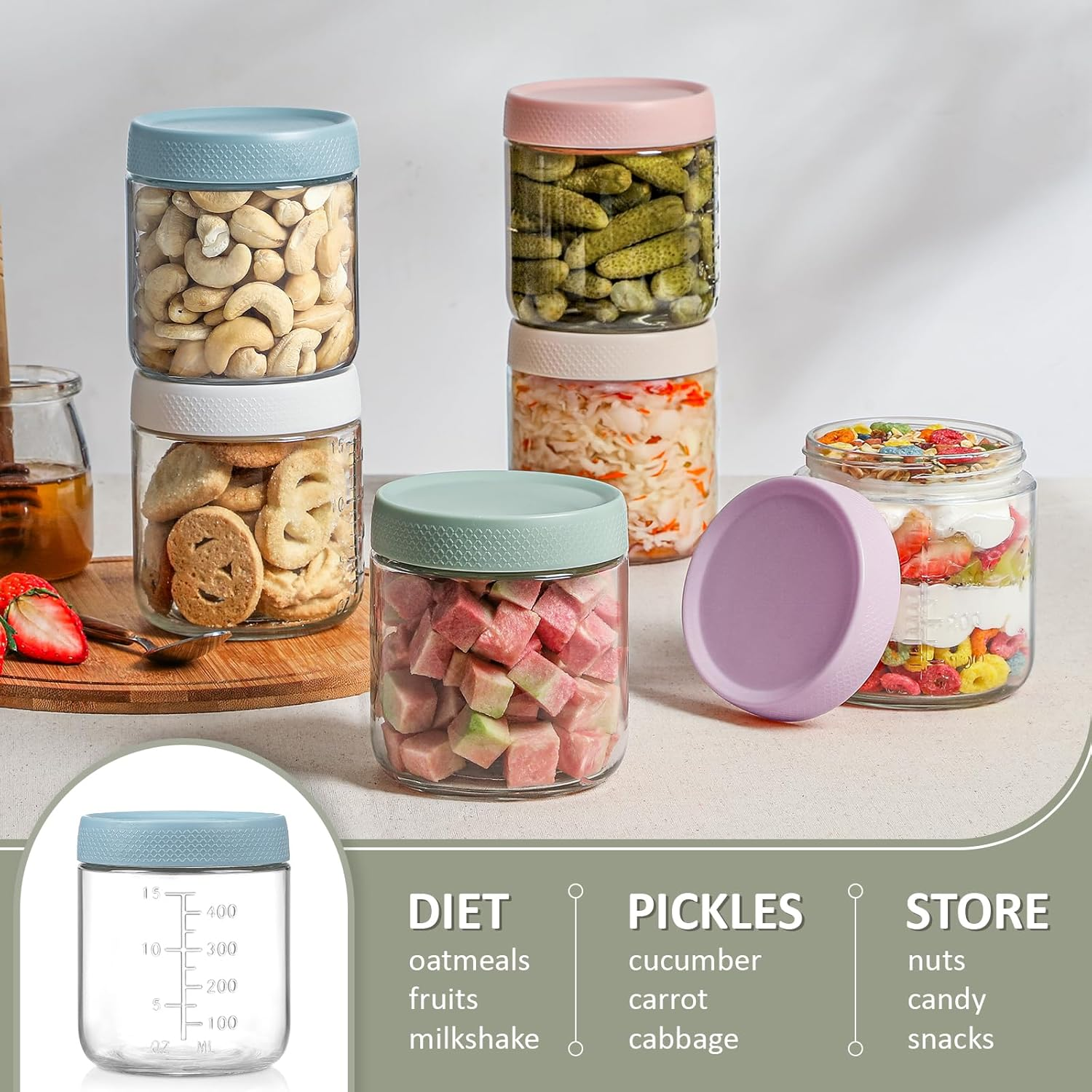 6-Pack Overnight Oats Containers with Lids, 16 OZ Wide Mouth Glass Jars with Airtight Lids, Mason Jars Glass Food Containers for Snack Spice Sugar Food Prep Yogurt - 4 Colors image number 5