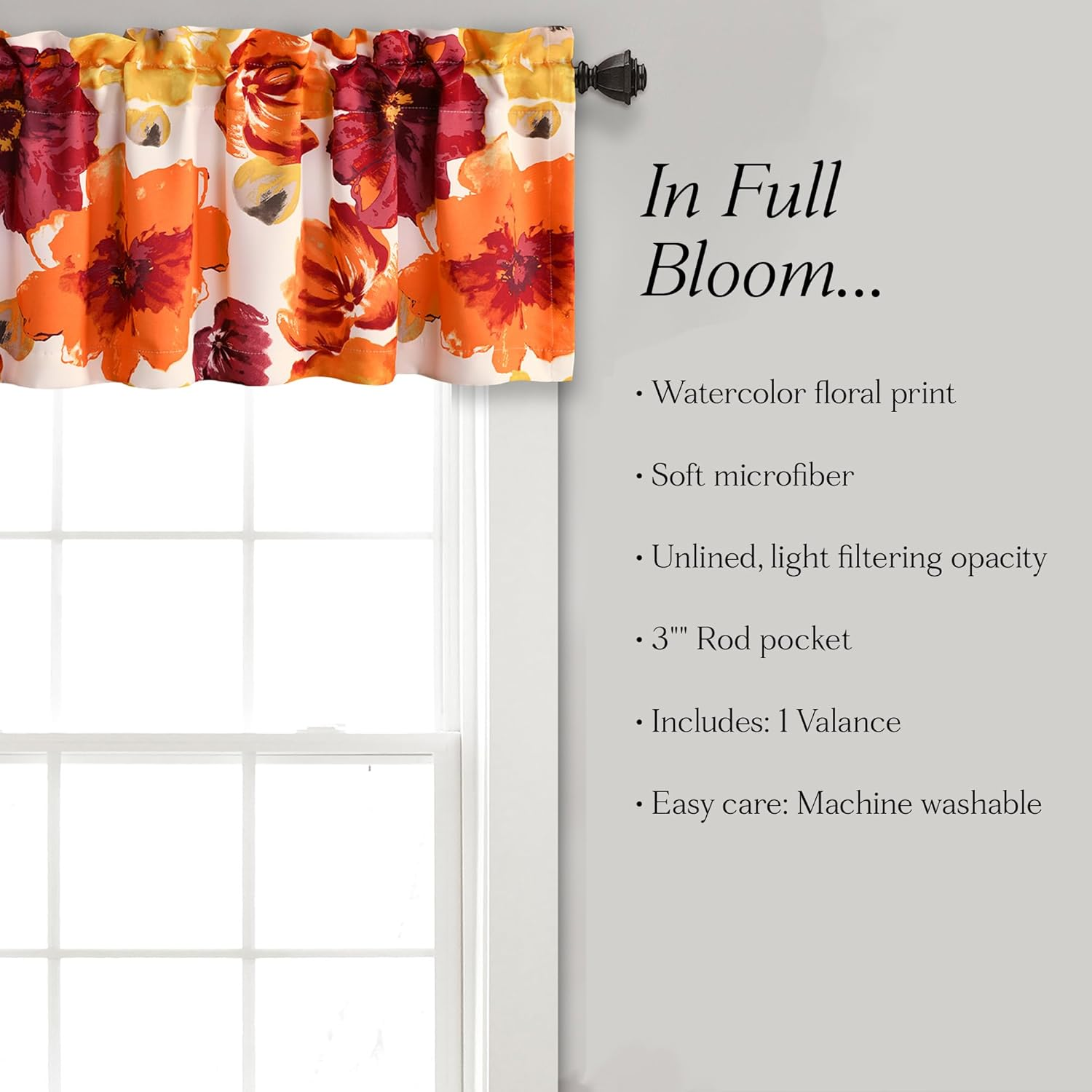 Lush Decor Leah Room Darkening Window Curtain Valance Floral Insulated Grommet, Valance, Red and Orange image number 2