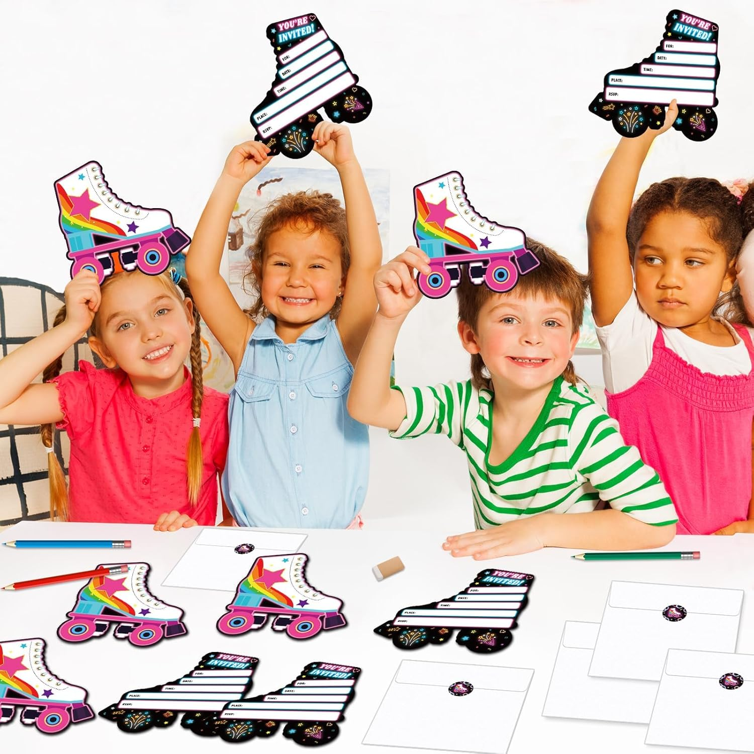 Lonfliness 30Pcs Neon Roller Skating Birthday Party Invitations Skate Invitation for Boys Girls Kids Glow Skating Birthday Party Invite Supplies Skate Party Favors 30 Cards with Envelopes and Stickers