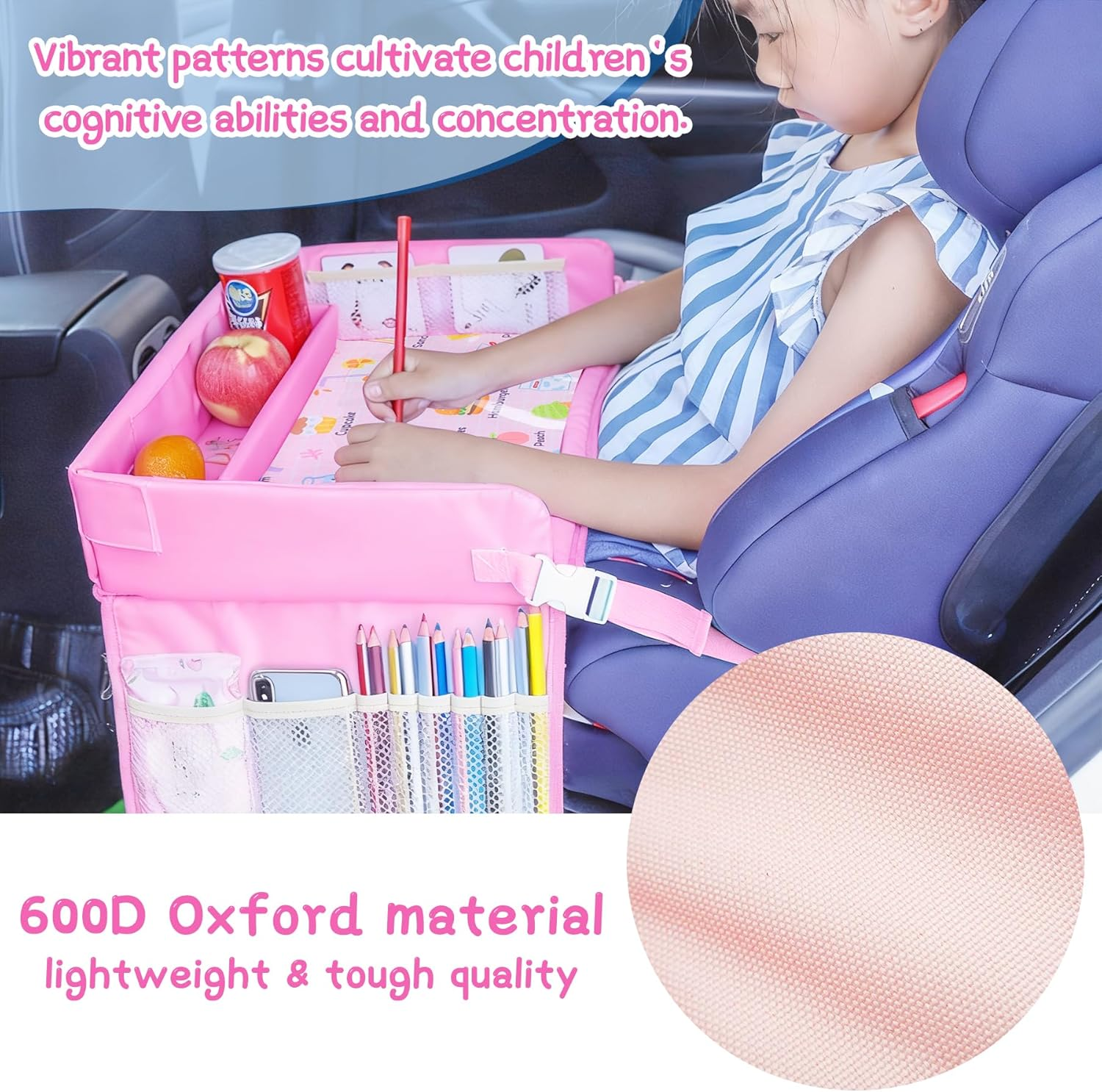 Kids Travel Tray for Car, Car Seat Tray for Kids Travel, Road Trip Essentials, Toddler Lap Desk Organizer, Soft Padding, Waterproof, Carseat Table for Roadtrip Activities (Pink) - Blue image number 4