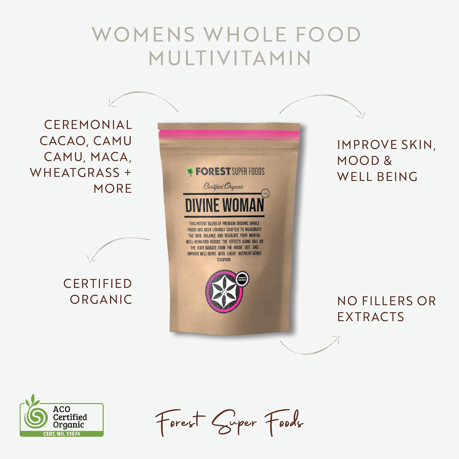 Divine Woman Womens Multivitamin | 300X Capsules | Maca Root, Cacao Bean, Wheatgrass, Camu Camu Berry, Maqui Berry, Kale + Broccoli | 100% Wholefoods and Organic | Forest Super Foods