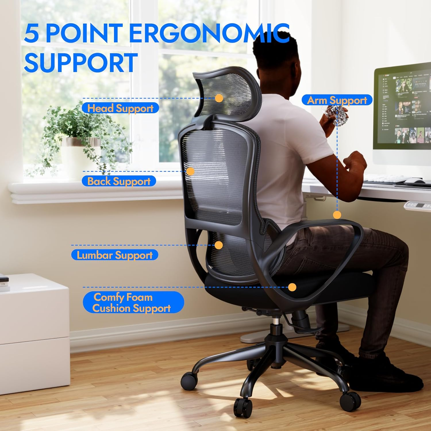 Ergonomic Office Chair, Gaming Chair, Desk Chair with Wide Headrest, Lumbar Support, Mesh Back, 135&deg; Recline, Adjustable Height, Rolling Computer Chair with Easy-Install Legs, Black