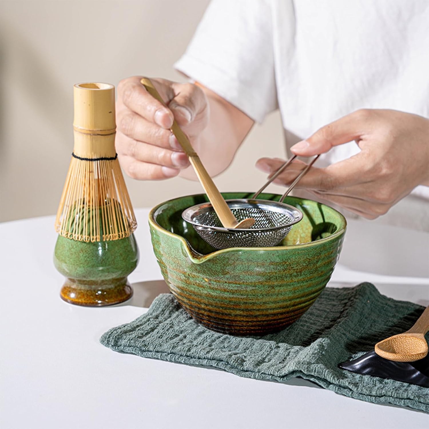 Matcha Set, Japanese Tea Set Includes Matcha Bowl with Spout, Matcha Whisk Holder, Bamboo Matcha Whisk and Sifter Scoop, 17 Oz Mottled Tea Green Glaze Ceramic Matcha Kit for Tea Lovers image number 1