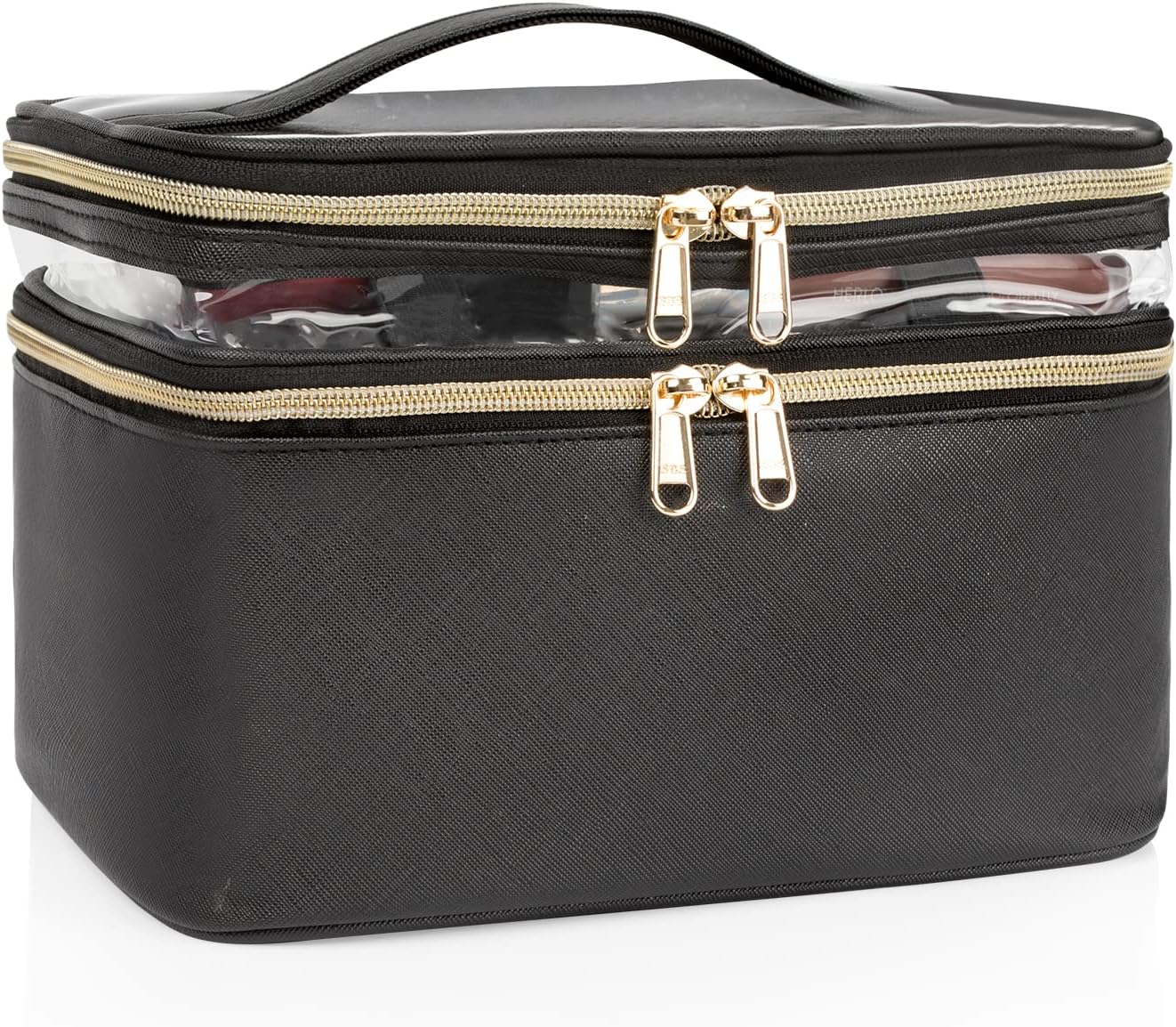 OCHEAL Makeup Bag, Double Layer Cosmetic Cases Travel Makeup Organizer Toiletry Bags Large Make up Bag for Women Girls with Adjustable Dividers and Brush Organize Area (Black Clear) image number 1