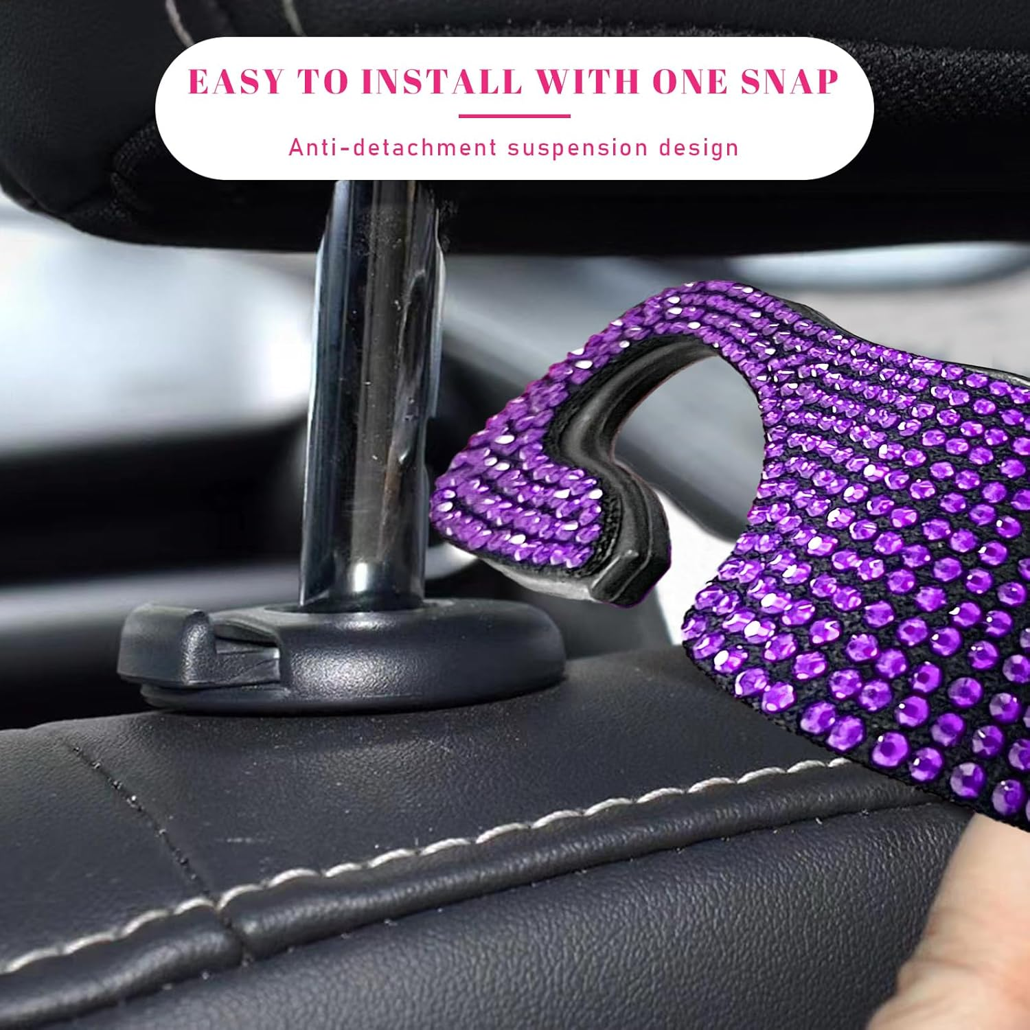 Augeny 2 PCS Bling Car Seat Headrest Hooks, Crystal Rhinestone Back Seat Hanging Storage Organizer, Auto Purse Bags Hanger, Universal Vehicle Interior Accessories for Women Girls (Purple)