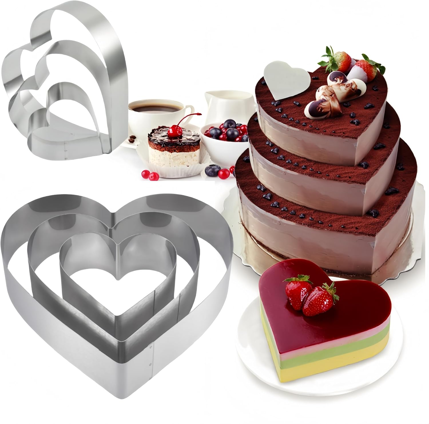 Ai-Oumleef Heart Cookie Cutter,3Pcs Heart Cake Cutter,Heart Cake Mold Ring Set,Suitable for Mousse Cake Cheesecake (3 Sizes) image number 2