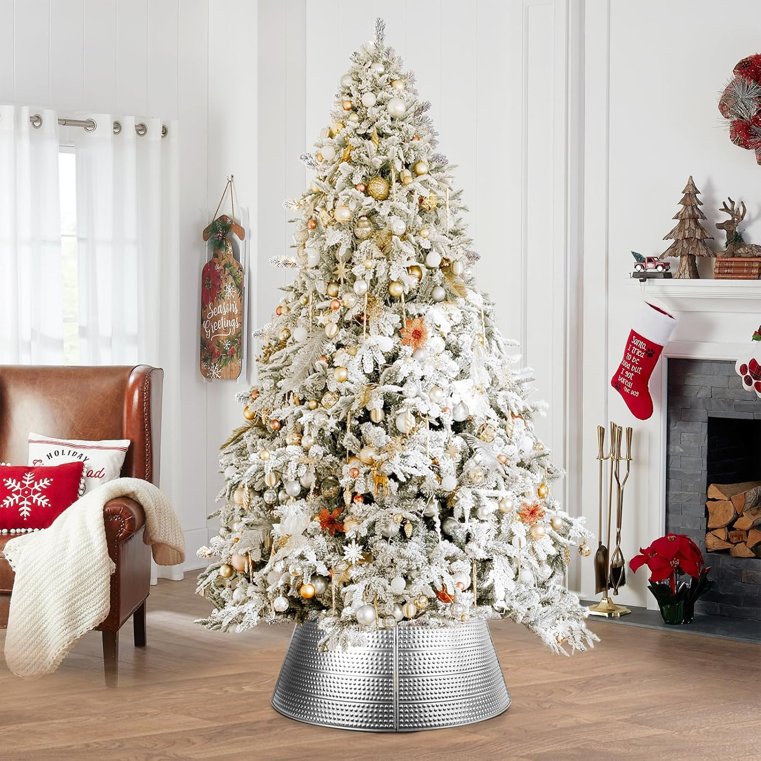 Christmas Tree Collar Metal, 28" Silver Tree Collar, 5-Panel Christmas Tree Base Collar for 7.5Ft 9Ft 12Ft Real & Artificial Christmas Trees, Christmas Tree Ring Christmas Tree Skirt for Pencil Trees image number 1