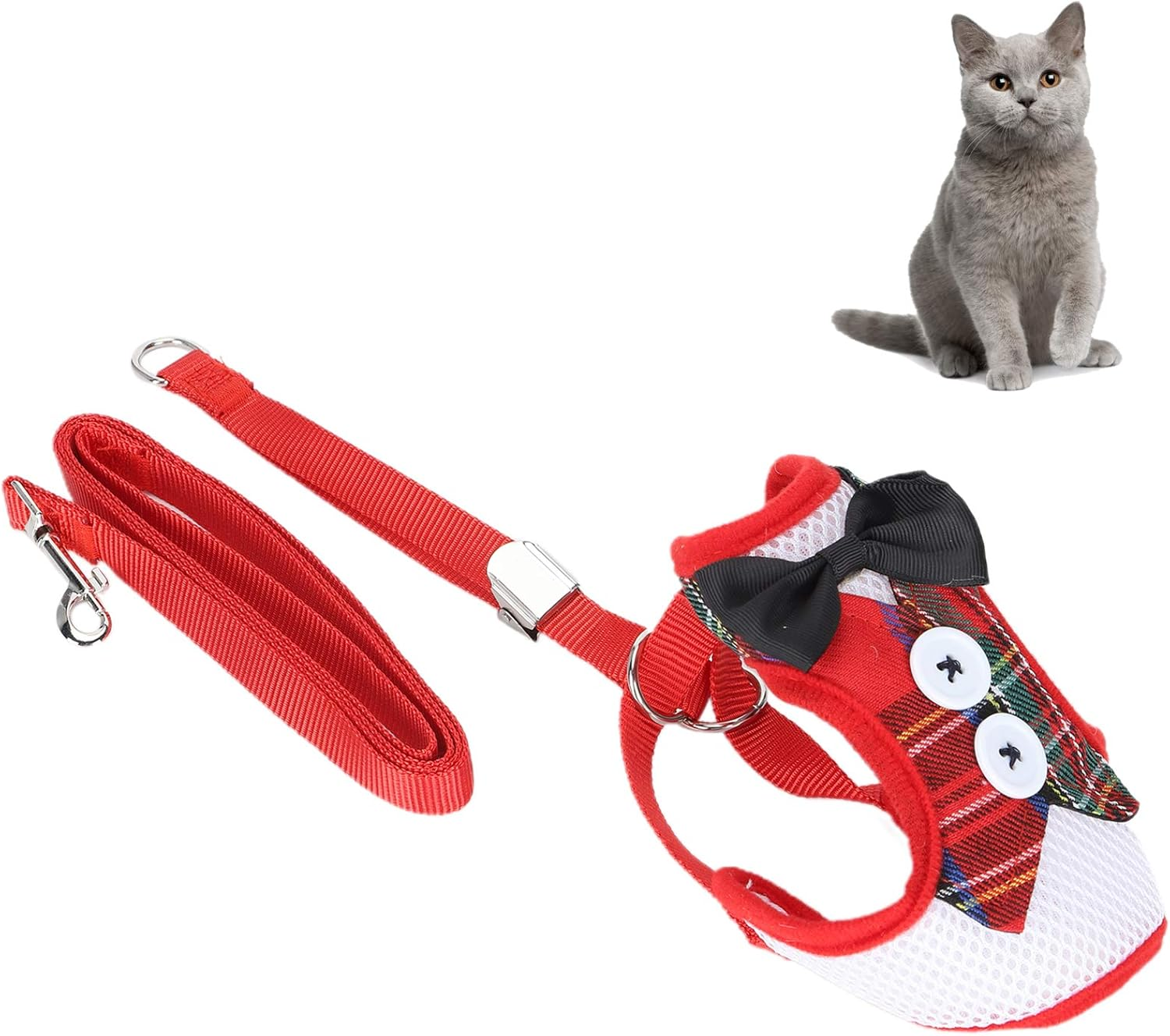 Cat Harness and Leash Set, Breathable Cat Vest Harness with Leash, Pet Adjustable Escape Proof Vest Strap for Small Large Cats Puppy Small Animals Walking (Red Grid)
