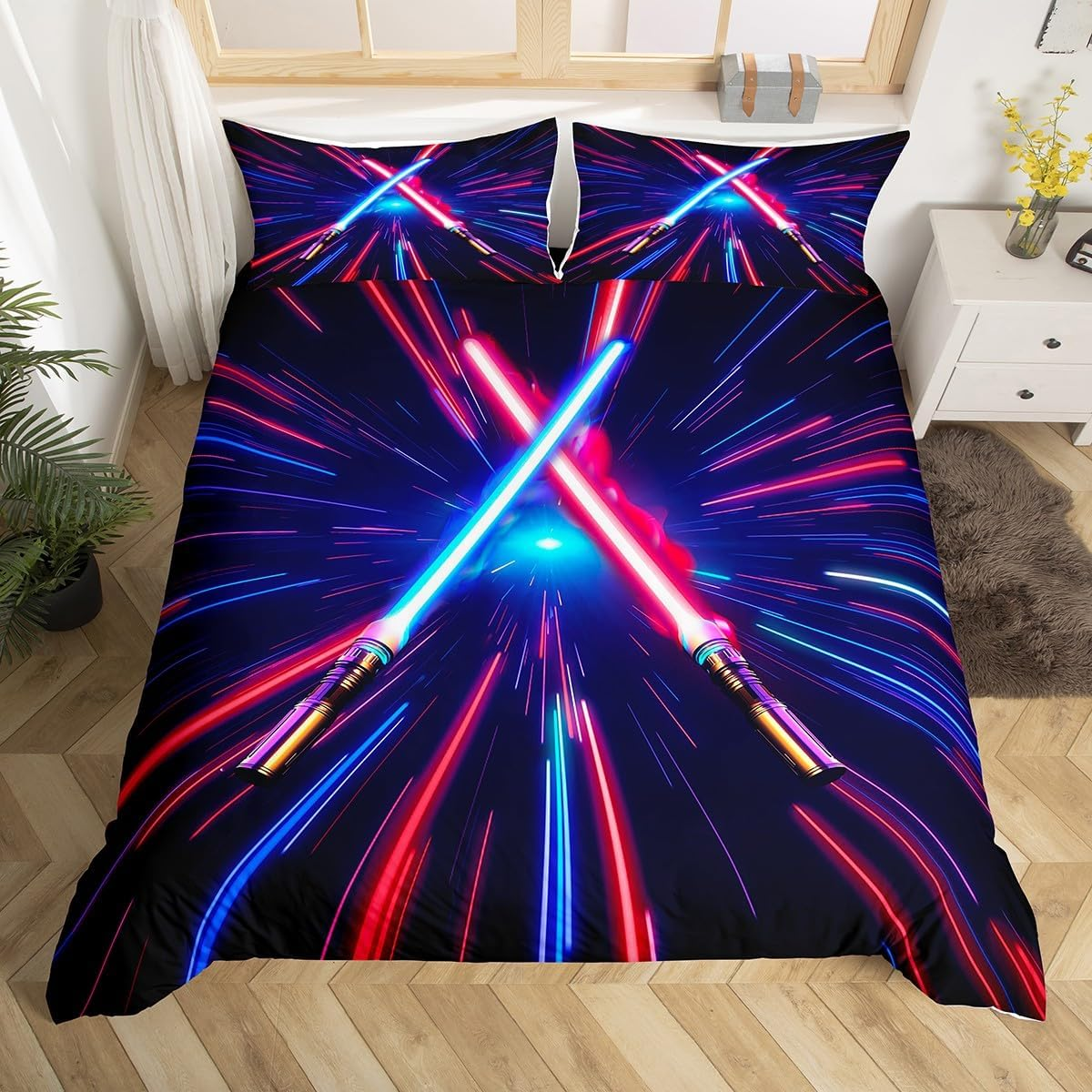 Lightsaber Duvet Cover Set Queen Size,Geometric Lines Gradient Bedding Set 3Pcs for Kids Teens Boys Room Decor, Future Technology Metaverse Comforter Cover Red Blue Quilt Cover with 2 Pillowcases image number 3