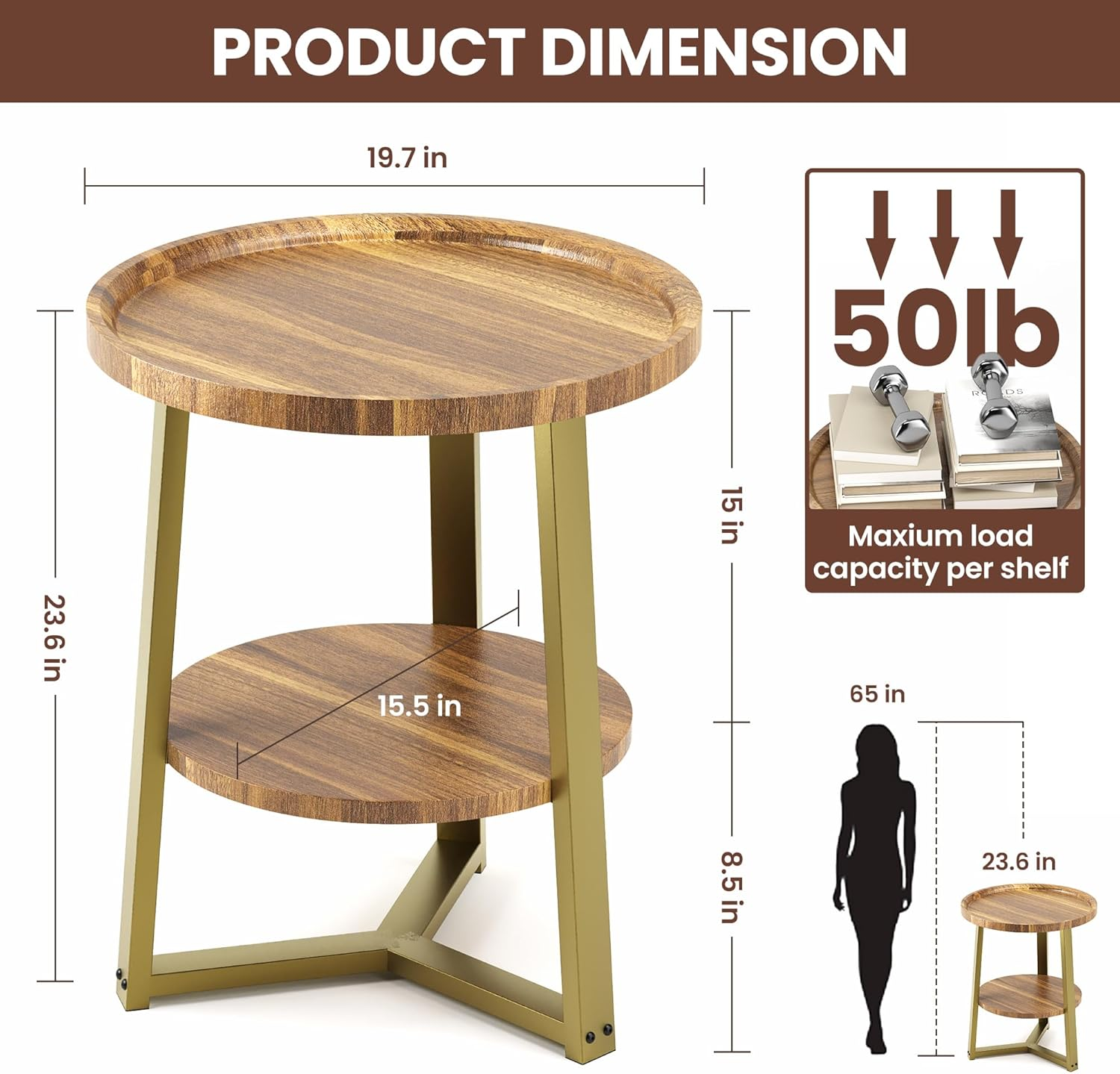 PATIOPIA 2 Tier Side Table, round End Table with Storage Shelf, 19.7" D X 23.6" H Rustic Accent Table for Living Room Small Space,Golden Metal Frame image number 5
