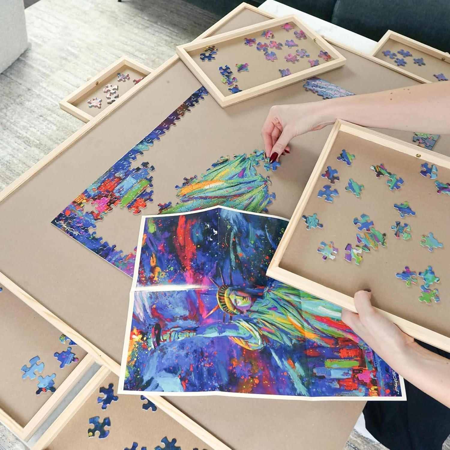 1500 Pieces Wooden Puzzle Board with 6 Drawers, Large Jiasaw Puzzle Board Game Table 360&deg; Rotating for Adults Kids Playing Puzzle Game, Jigsaw Puzzle Board with Puzzle Tray for Organizing Sorting image number 4