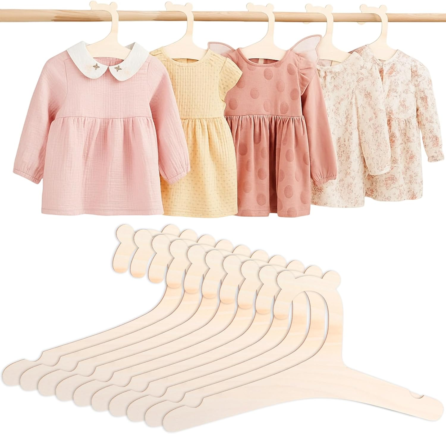 10 Pcs Wooden Baby Hangers for Clothes, 9-Inch Natural Wood Toddler Hangers with Cute Bear Ears, Anti-Slip Closet Newborn Organizer for Kids Children Girl Boy Pants Coats Suits Jackets image number 2
