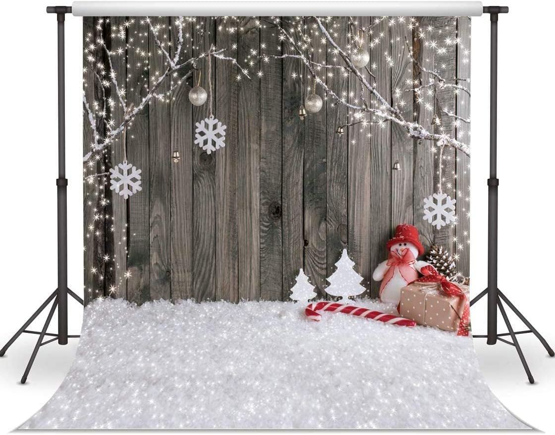 LYWYGG 10X10FT Christmas Backdrop Snow Floor Photo Backgrounds Wooden Wall Photography Backdrops for Child CP-70-1010