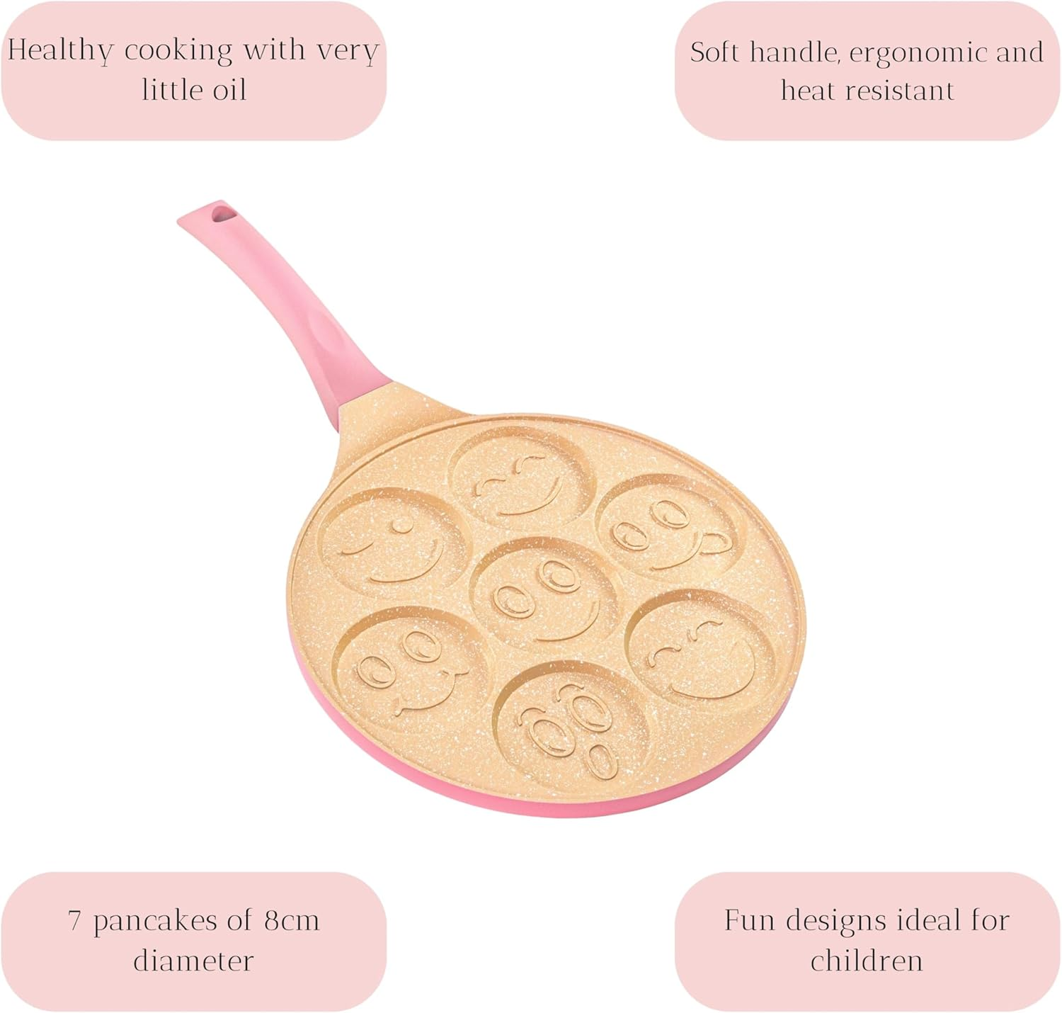 Erreke Pancake Pan, Non Stick Crepe Pan, All Types of Kitchens and Induction Hobs, Fun Design for Kids and Cooking, Soft Touch Handle, 26 Cm, Pink Color.