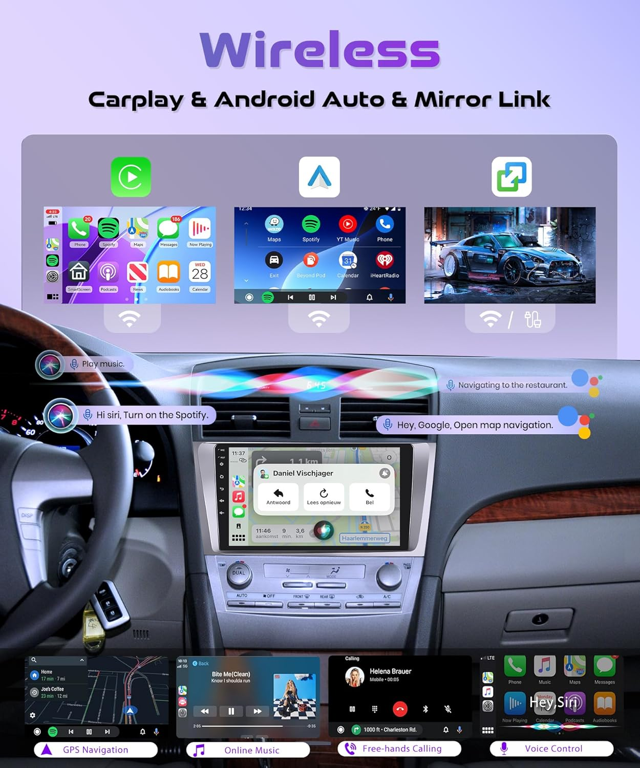 Rimoody 4G+128G Android 15 Car Stereo Radio for Toyota Camry 2006-2011, Wireless Carplay Andorid Auto Mirror Link GPS Wifi 9'' INCELL Touchscreen Bluetooth 5.0 FM/RDS EQ-32 SWC Backup Camera image number 2
