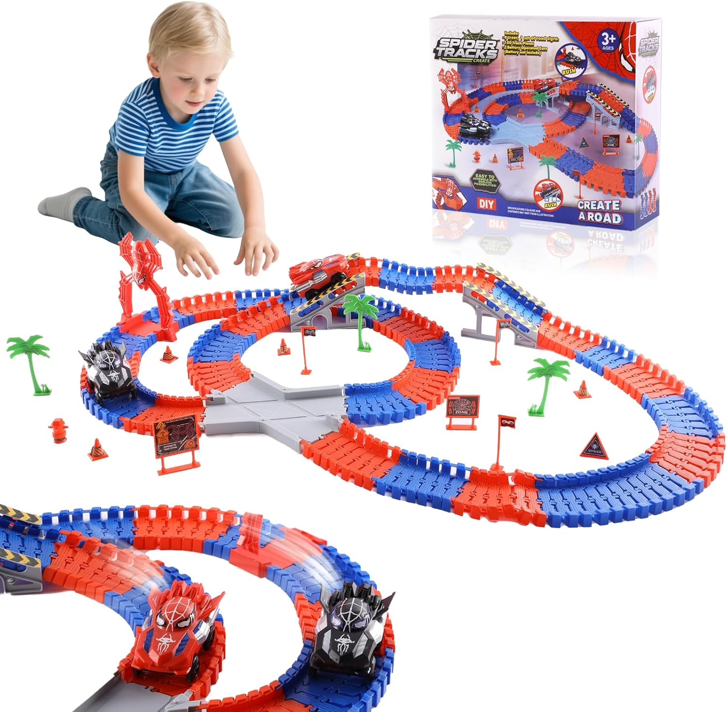 DIY Spider Track Toys 212 Pcs &ndash; Includes 2 Spider Race Cars, Bendable & Flexible Racetrack for Boys and Girls Ages 3 4 5 6 7 9, Creative Building Toy Set, Perfect Spider Gifts & Presents for Kids image number 5