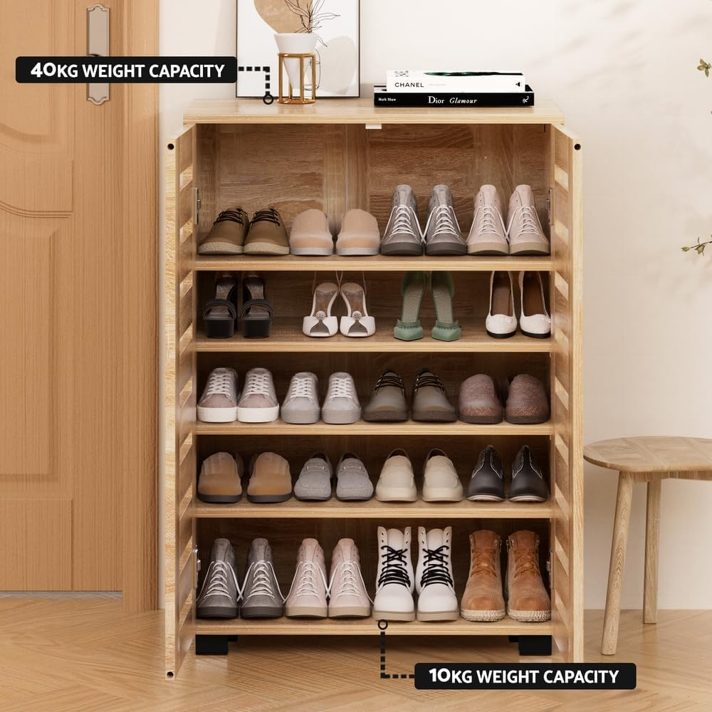 Artiss Shoe Cabinet, 20 Pairs Storage Rack with Ventilated Doors Adjustable Shelves, Cupboard for Hallway Entryway Living Room Home Decor Furniture Pine image number 6