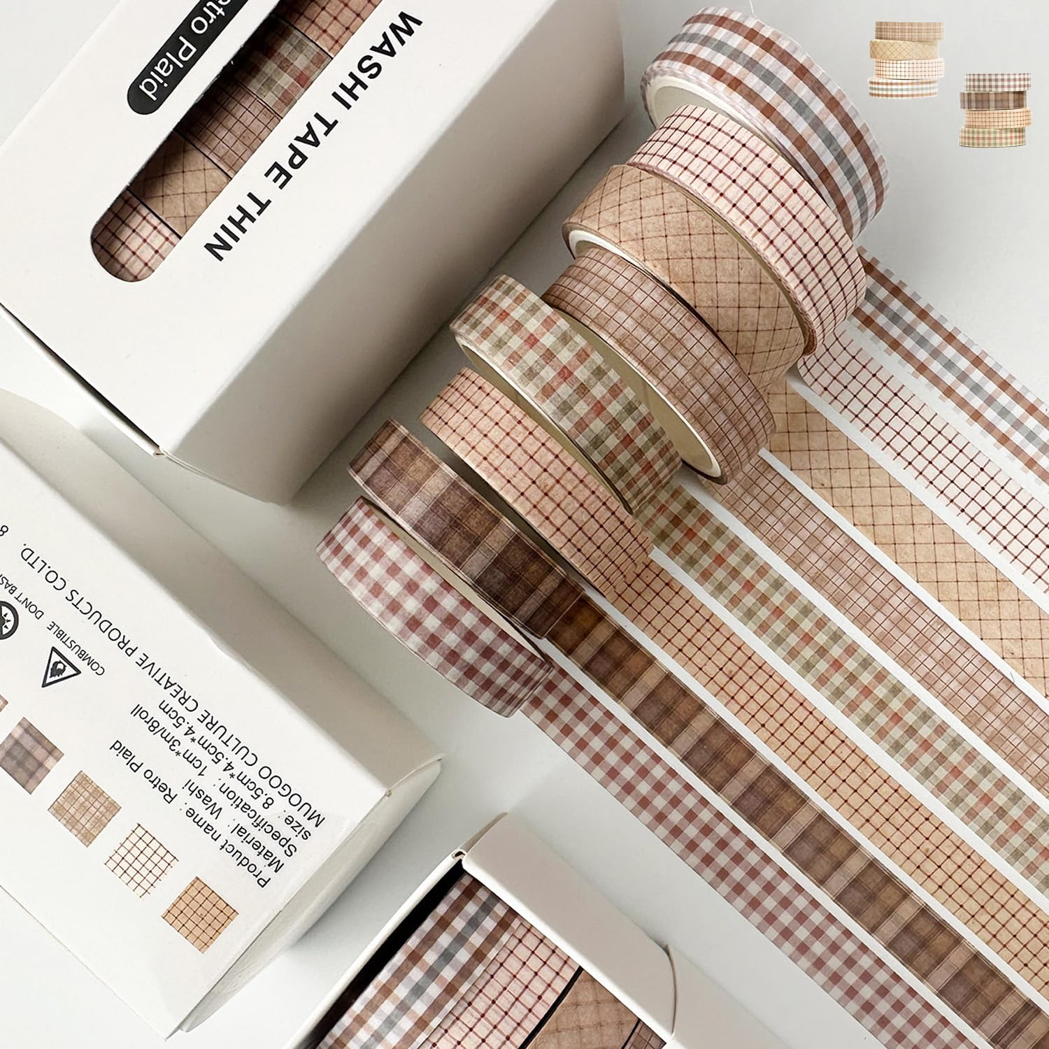 Vintage Tape 8 Rolls Set,Ultra-Thin Nostalgic Decorative Pattern Handbook Tape,For Art Collage,Diy Crafts,Journal Decoration,Gift Wrapping,Classic Checkered Vintage Series (Retro Plaid) image number 3