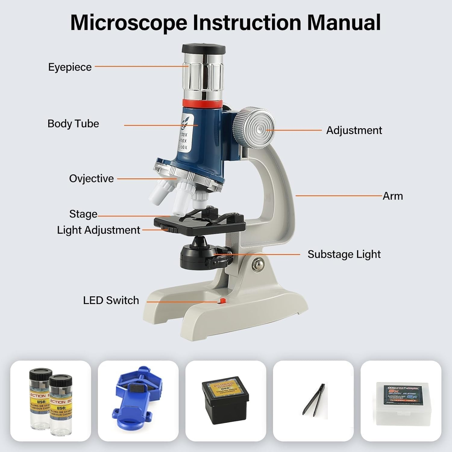 Microscope for Kids, 100X-1200X Microscope, Kids Science Toys with Microscopes Slide Kit, Phone Adapter, Gifts for Kid Boys Girls image number 5