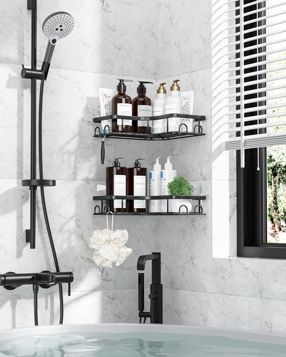 Kitsure Corner Shower Caddy - 2 Pack Rustproof Shower Shelf, Durable Bathroom Caddy with Large Capacity, Drill-Free Adhesive Bathroom Shelf with 4 Movable Hooks, 11.0 X 21.5 X 4.5 Cm, Black image number 1