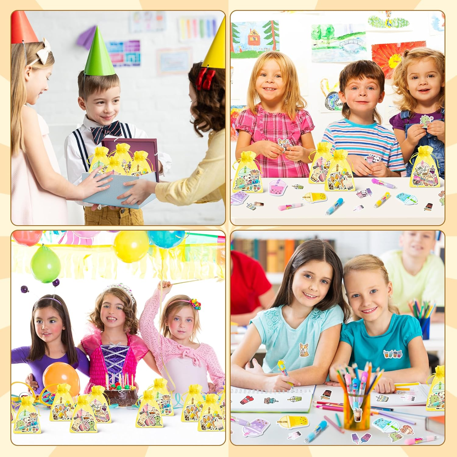 CY2SIDE Bubble Tea Stationery Party Gift - 24 Pack Boba Milk Tea Prizes Set Include 4-In-1 Ballpoint Pens Sticky Note Sticker and Organza, Birthday Party Favor Goodie Bag Fillers for School Rewards image number 5