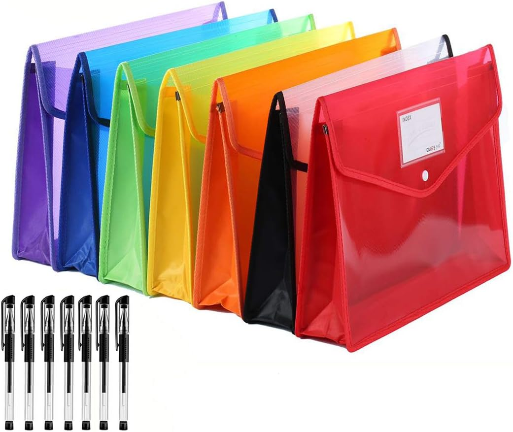 Abgream 7 Pack File Folder - Expandable Poly Envelopes B4 Plastic Document Folder Button Closure Waterproof File Pouch with 7Pcs Black Gel Ink Pens for School Office Supplies (Assorted Colors)