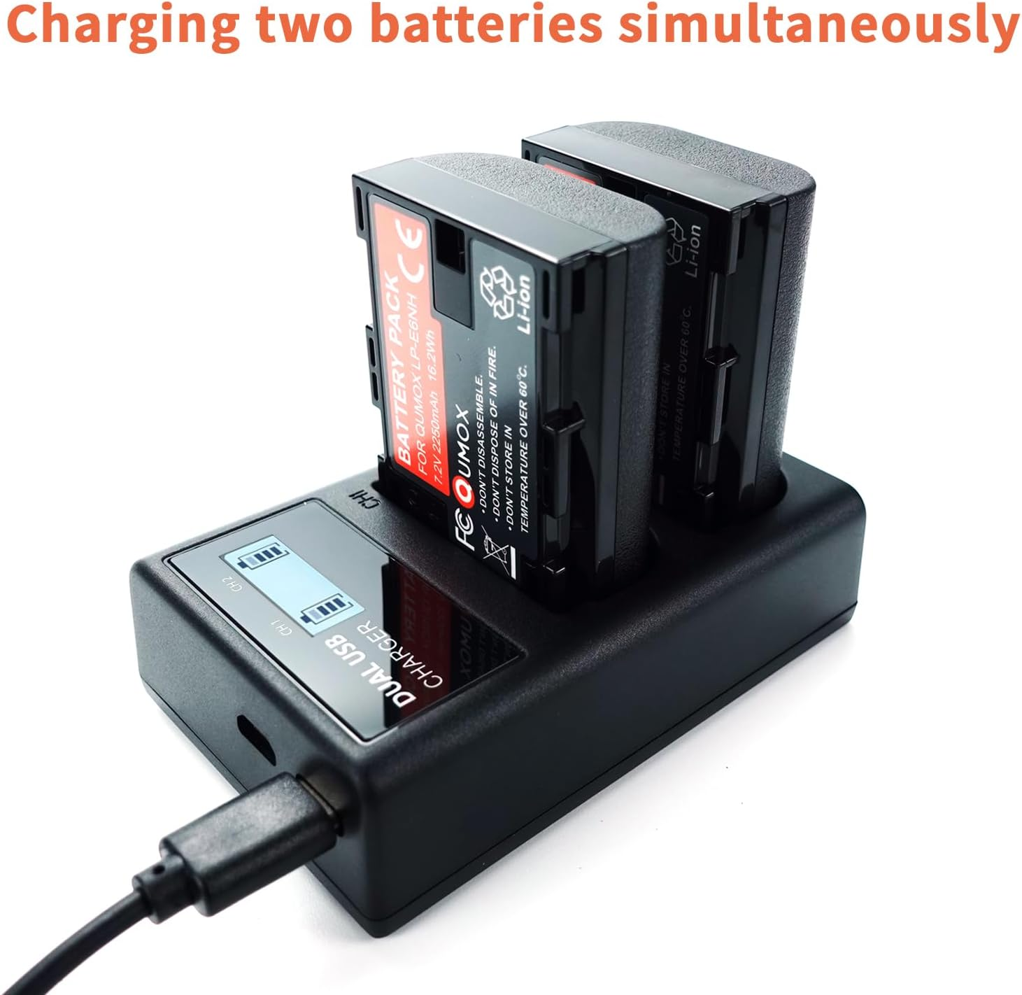 QUMOX LP-E6NH Replacement Battery & USB Charger Set, 2X Pack 2250Mah Replacement for LP-E6 LP-E6NH Battery, Dual Slot USB Charger Compatible with Canon EOS R7 R5 R6 R6 II R, 5DIV, 6DII, 7DII, 80D, 90D image number 3